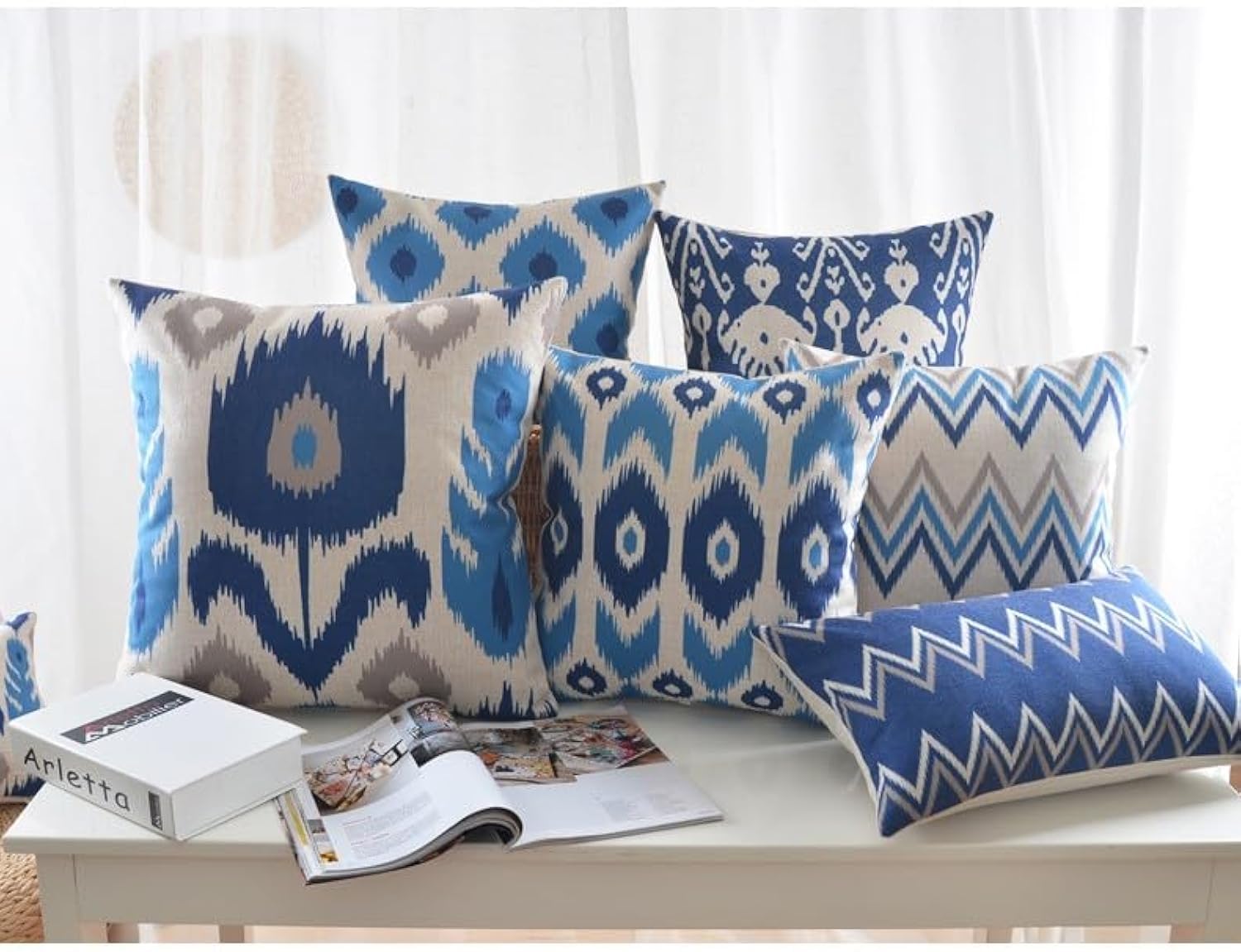 MODERN HOMES Indigo Blue Ikat Print Cotton Cushion Covers with Sham (18x18, Set of 6)-image-46