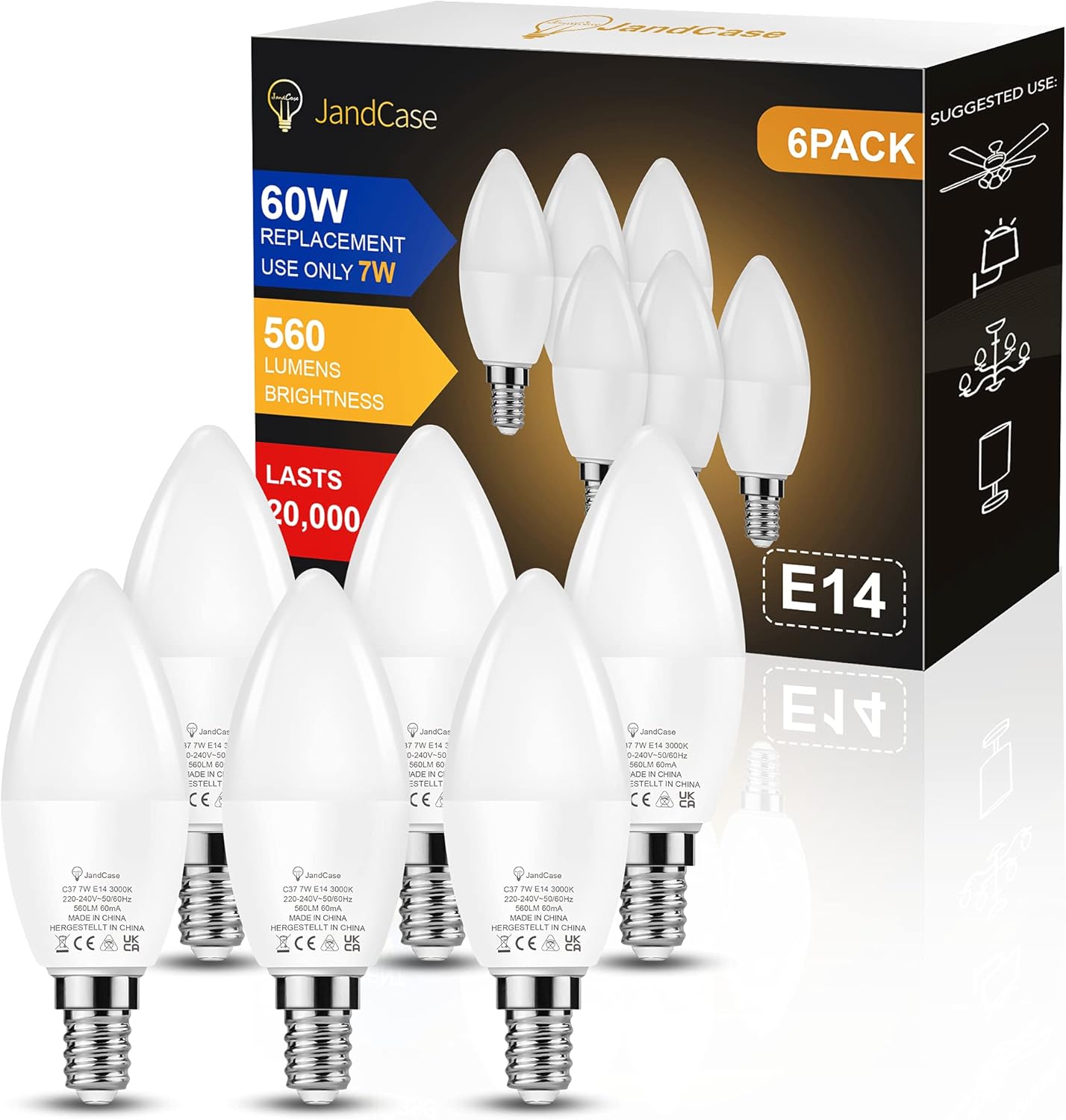 7W E14 LED Light Bulb, JandCase E14 SES Candle Bulbs, 60W Incandescent