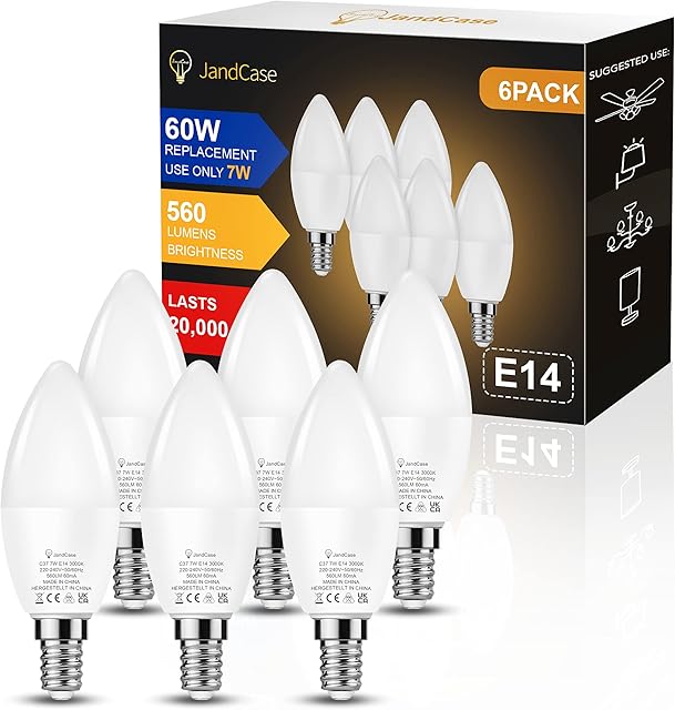 JandCase 7W E14 LED Light Bulb, E14 SES Candle Bulbs, 60W Incandescent Equivalent, Warm White 3000K, E14 SES Small Edison Screw Light Bulbs, 560LM, Non-Dimmable, Pack of 6