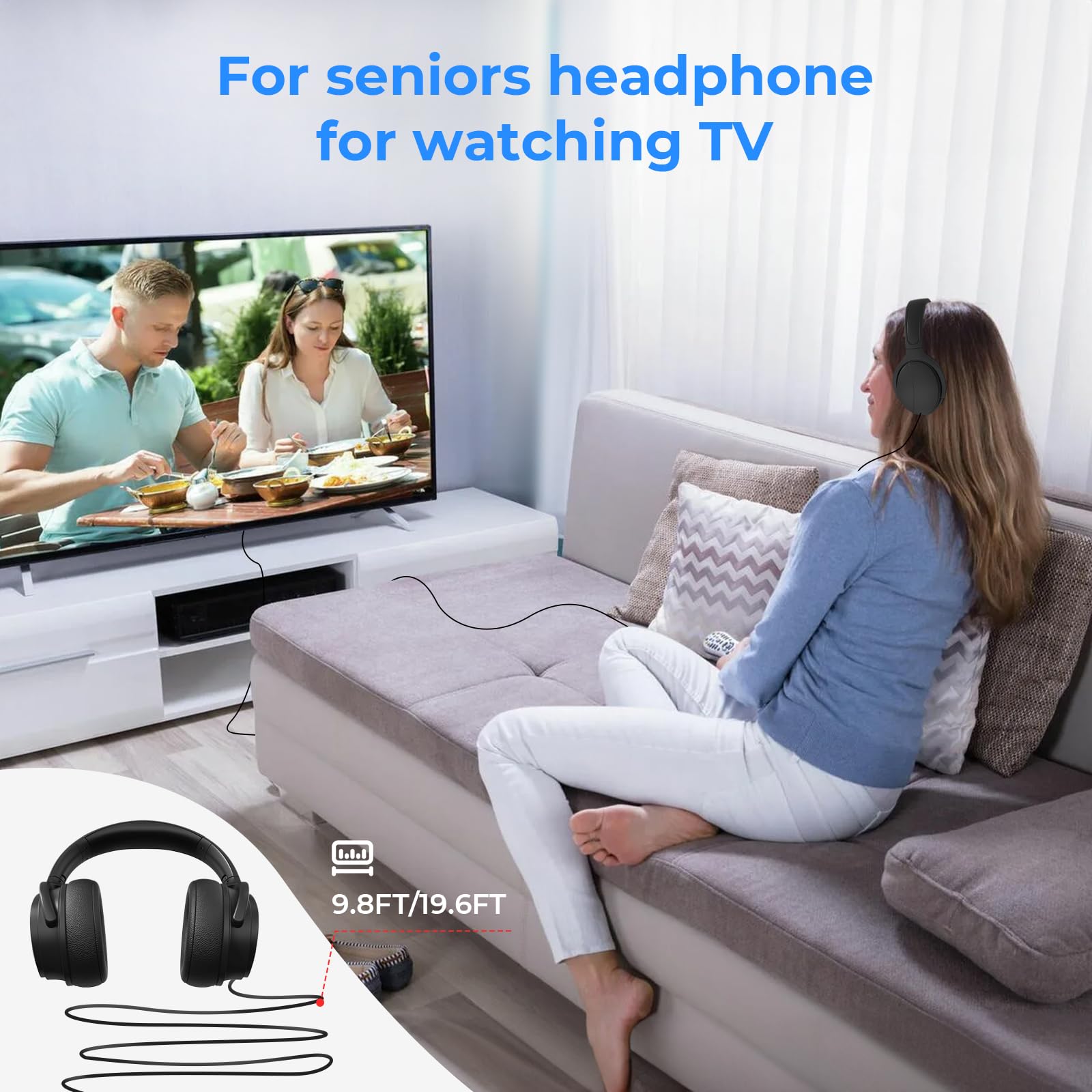 Słuchawki przewodowe z długim przewodem do telewizora, słuchawki nauszne, oglądanie telewizji dla seniorów z bardzo długim kablem, uniwersalne audio AUX 3,5 mm (9,6 m)