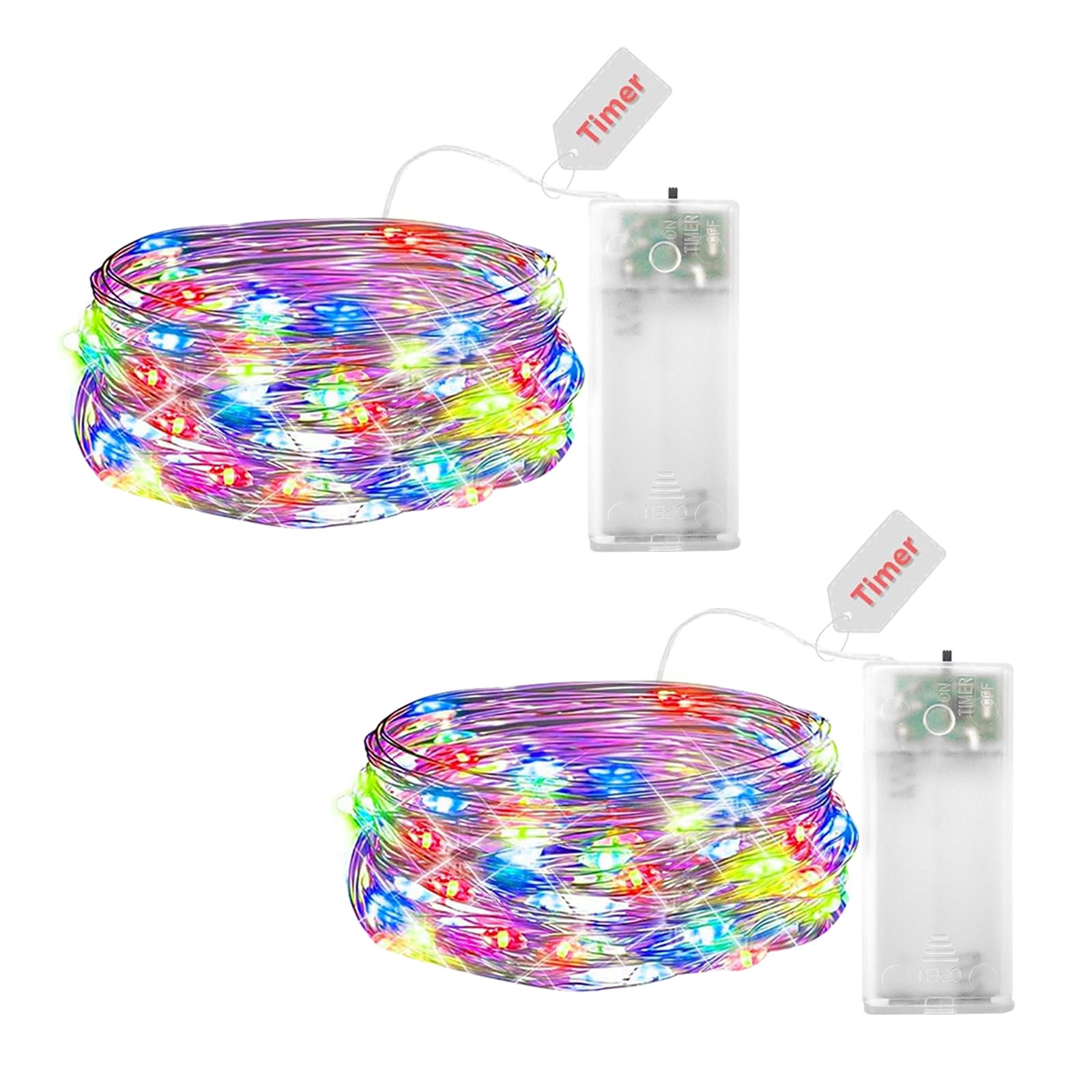 ENLACE Pack of 2 LED Fairy Lights Battery with Timer, 2 m 20 LED Micro Copper Wire Fairy Lights, Battery Operated, Colourful Fairy Lights for Christmas, Halloween, Children's Room, Wedding, Party