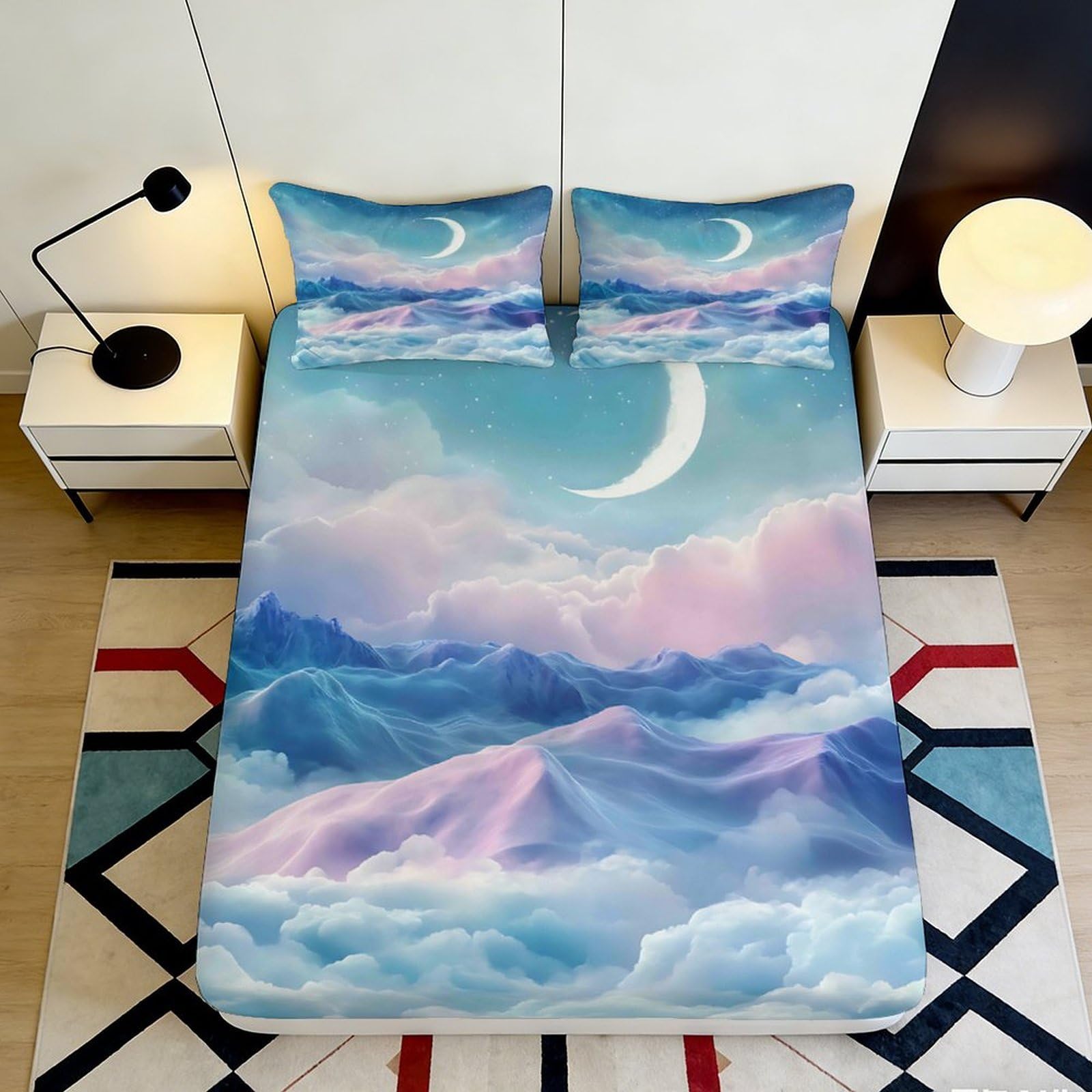 3D Printed Moonlit Mountain Fitted Sheet Microfiber Soft Breathable Cloud Sky Bed Cover for Bedroom Dormitory Guest Room Mattress Protection Decor 120x200x25cm