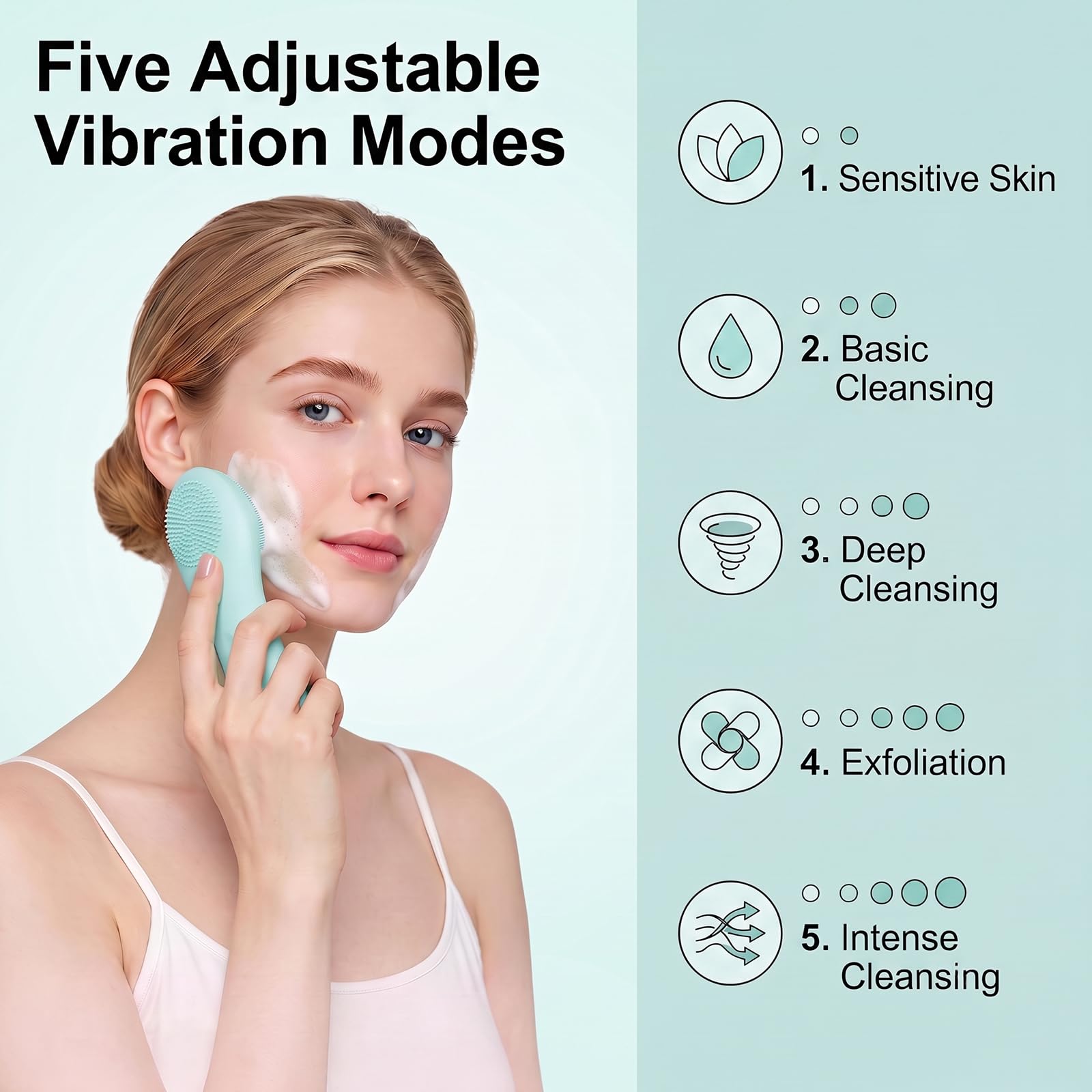 Silikon-Gesichtsreinigungsbürste, 500 mAh, wiederaufladbarer Gesichtsschrubber, IPX7 wasserdicht, elektrischer Gesichtsschrubber mit 5 einstellbaren Stufen, für Tiefenreinigung, Peeling und Massage
