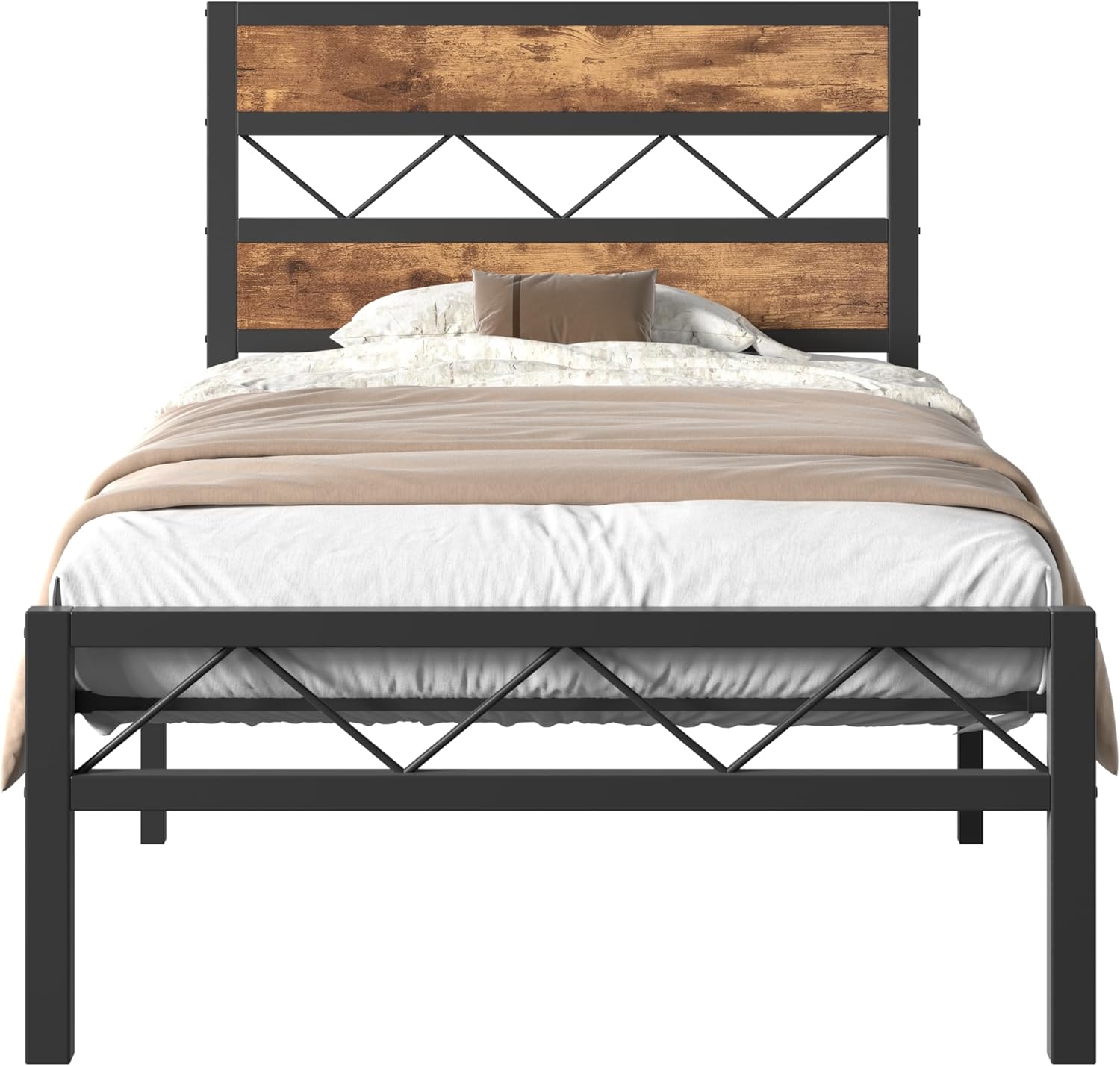 VECELO Twin Size Bed Frame with Headboard, Heavy-Duty Platform Bedframe with Metal Slats Support, No Box Spring Needed, Easy Assembly, Black & Brown - Image 8