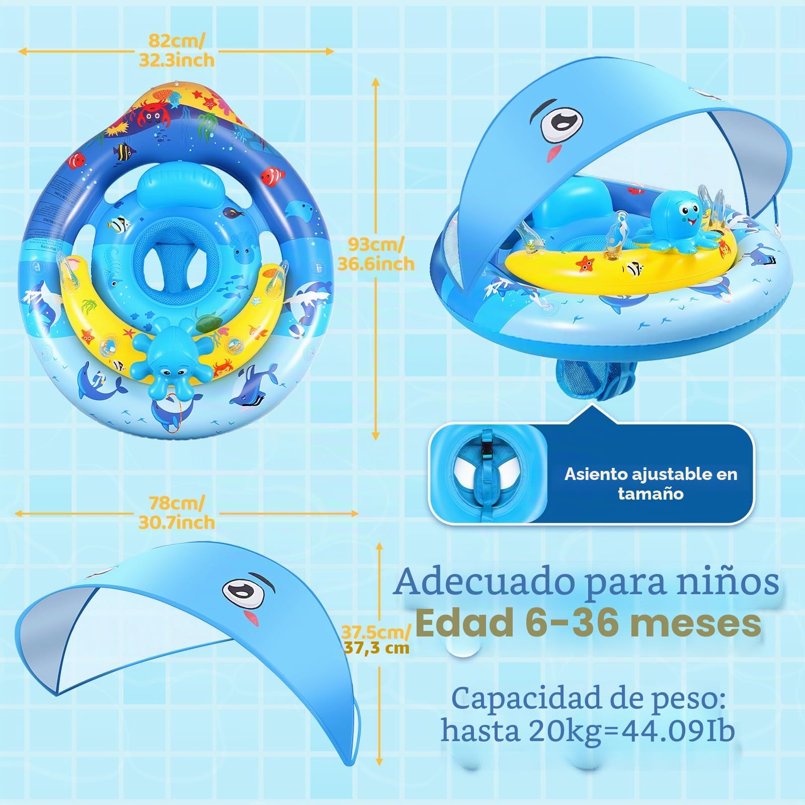 ZOOI Flotador Bebe con Sombrilla Partir de 6 Meses, UPF 50+ Flotador Bebe con Sombrilla y Asiento de Seguridad, Entrenador de NatacióN Adecuado Para 10-20 KG, Bola de Equilibrio Para Evitar Vuelcos