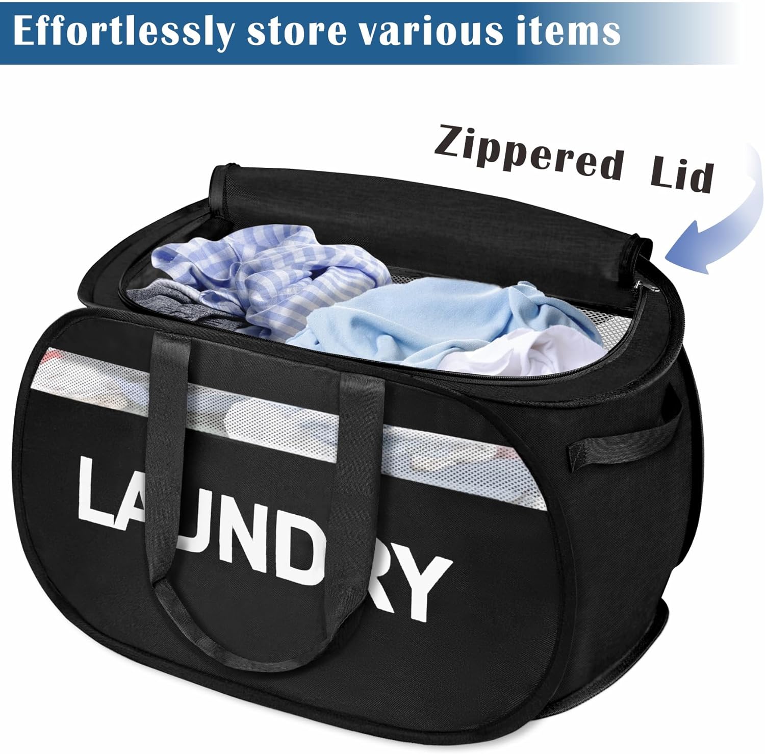 Large Collapsible Laundry Baskets Pop Up Laundry Hamper with Reinforced Handles Foldable Laundry Hamper for Home Laundry (Black Laundry with Lid)