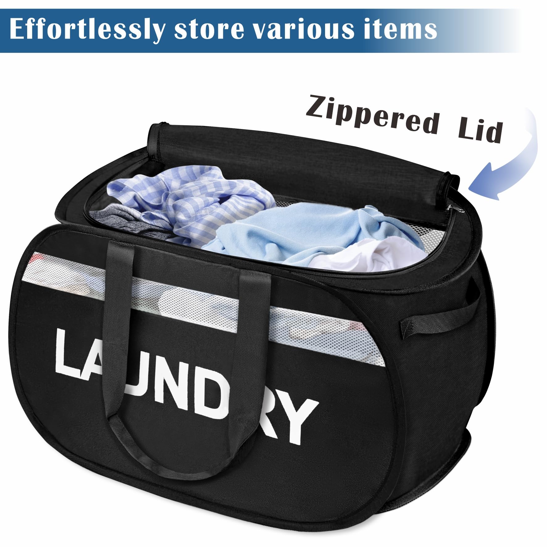 BOSNONA Large Collapsible Laundry Baskets Pop Up Laundry Hamper with Reinforced Handles Foldable Laundry Hamper for Home Laundry (Black Laundry with Lid) - Image 2