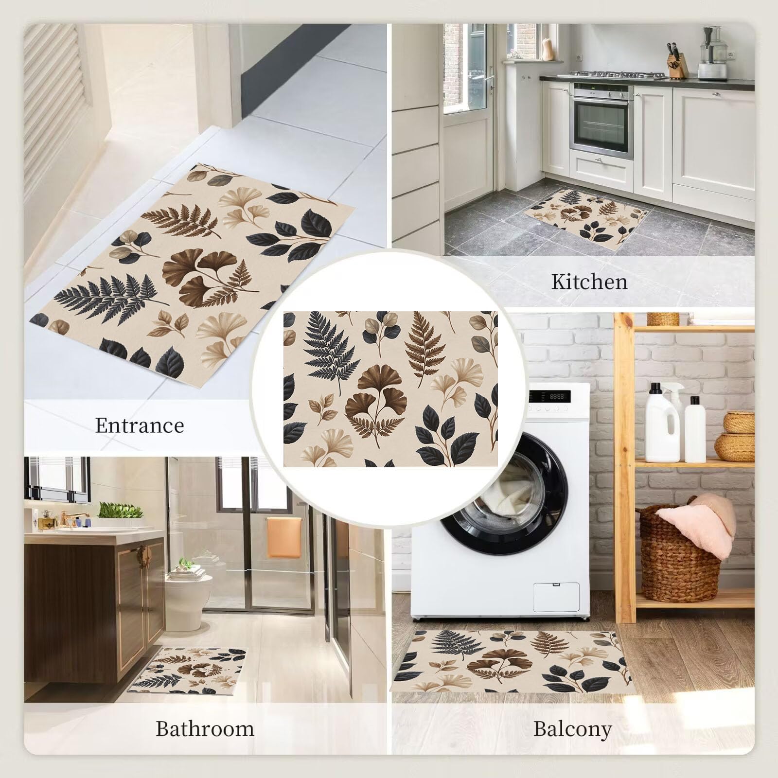 Böhmisches Blatt-Poster Fußmatte Innen Waschbar 90X150Cm, rutschfest Fußmatte, Dünn Schmutzfangmatte, Elegante Landpflanzen Eingangsteppich Mit Wasserabsorbierenden Für Hund, Beige