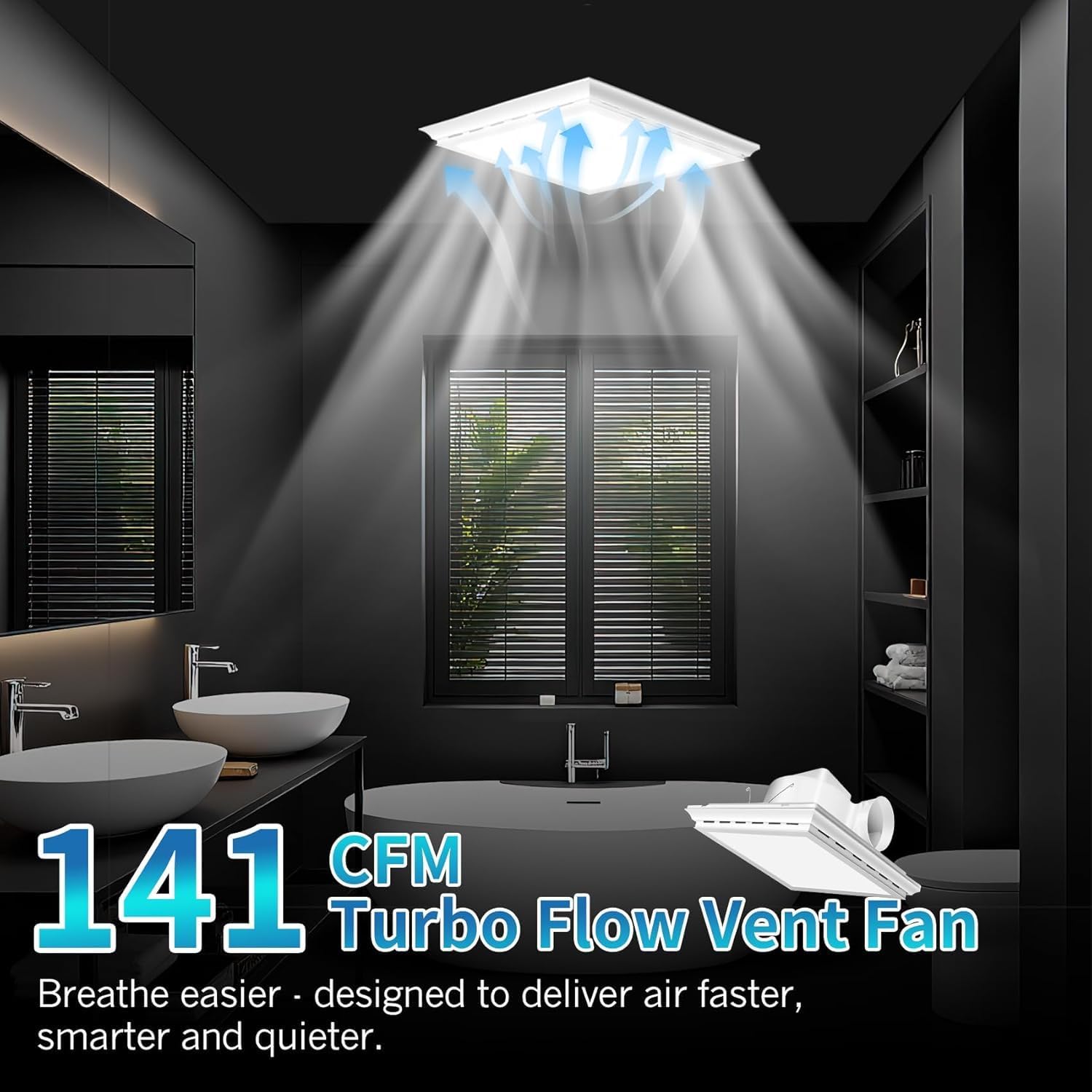 Bathroom Exhaust Fan with Light, 10" Inch Square Bath Fan Light, 141CFMCeiling Mount Ventilation Fan, Ultra Quiet 1.0 Sone Shower Exhaust with LED Lights for Home/Office