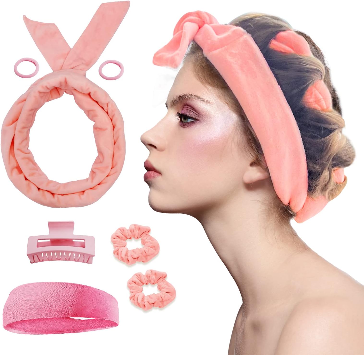 Extra Long Heatless Velour Curling Rod Headband - 61" No Heat Soft Cotton Curling Ribbon Kit for Women (Pink)