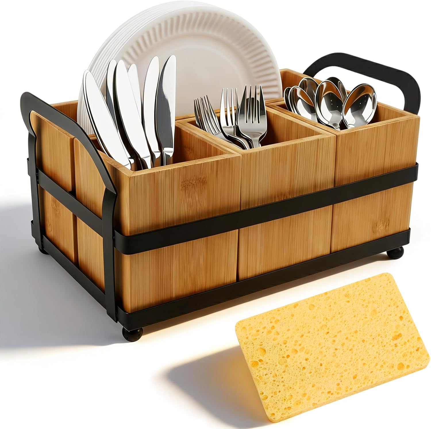 Silverware Caddy for Party, Wood Utensil Holder with 4 Compartments Paper Plate Dispenser for Kitchen Countertop Organizing Paper Plate, Fork, Spoon, Napkin