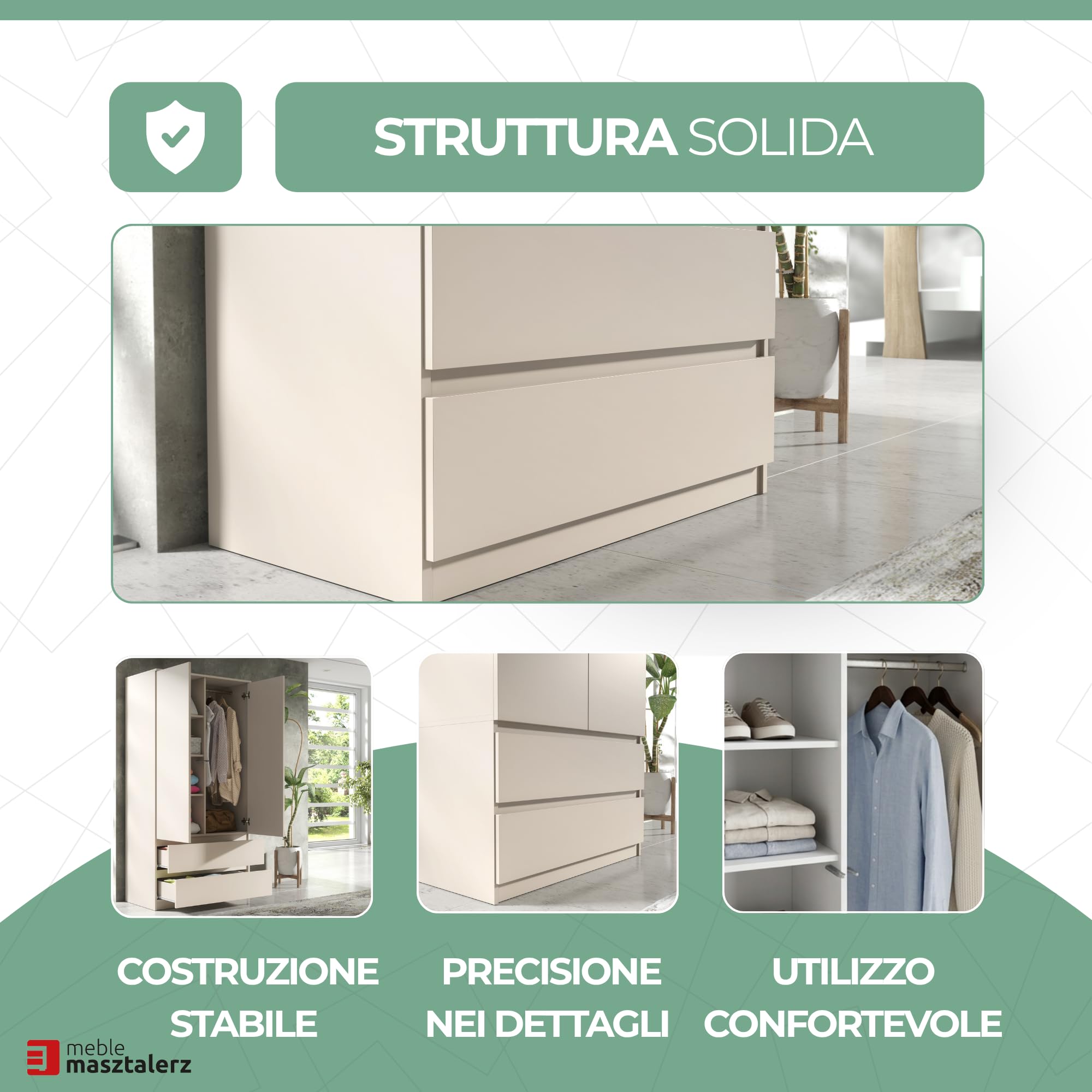 meble masztalerz Armadio Camera da Letto con 2 Cassetti Larghezza 90 cm - Mobile Camera da Letto - Armad Camera Letto Moderni - Guardaroba Armadio - Bianco - 180x90x50cm