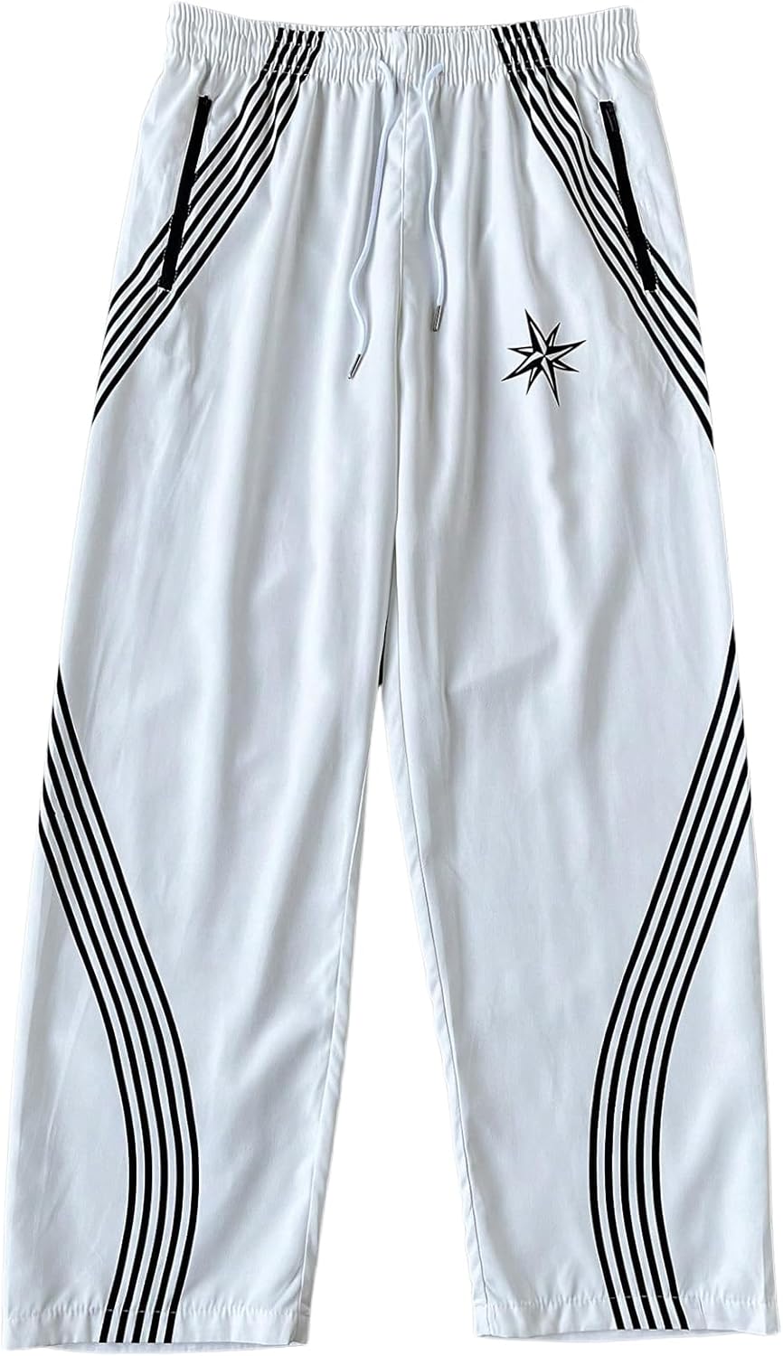 GORGLITTER Men's Y2K Baggy Wide Leg Sweatpants Striped Side High Waisted Barrel Track Pants Bottoms Trousers with Pockets