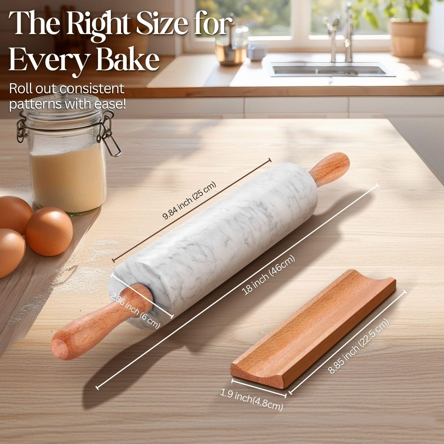 Flexzion Teigroller aus weißem Marmor, 25,4 cm, mit Holzgriff und Halter-Basisständer, Marmor-Nudelholz zum Backen von Gebäck, Pizzateig, Fondant, Kekskuche, Kruste, Nudeln, Bäckerei-Roller