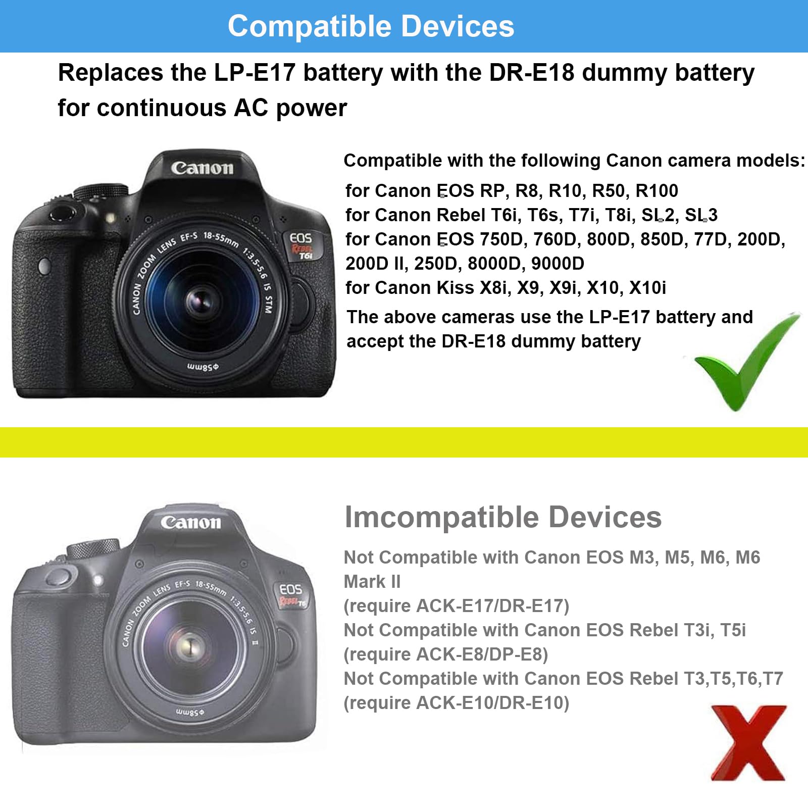 ACK-E18 Alimentador CA suministrado DR-E18 Kit cargador acoplador CC para cámaras Canon EOS Rebel T6i T6s T7i T8i SL2 750D 760D 850D 77D 200D 250D Kiss X8i X9i X10i 8000D 900D RP cámaras