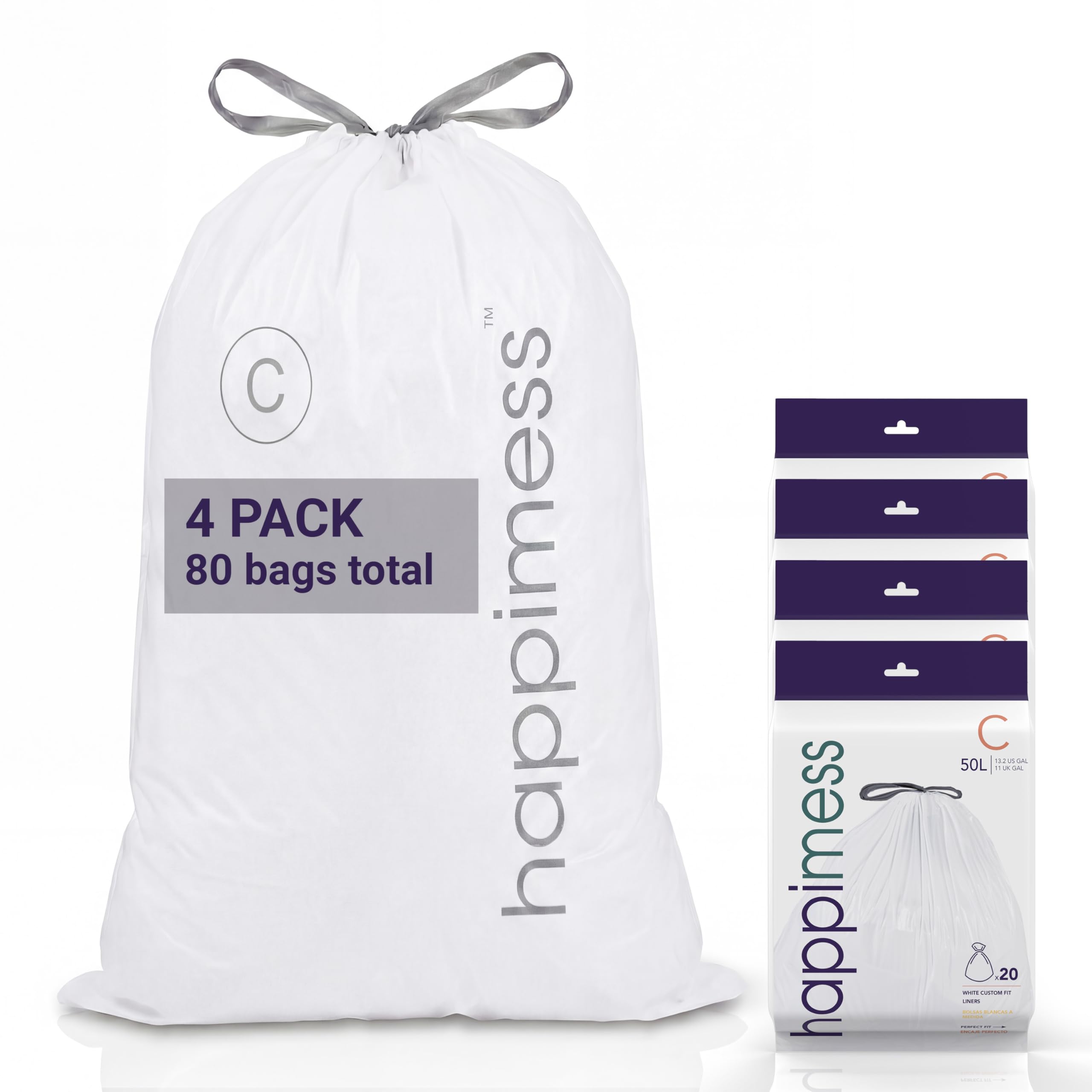 happimess White / 80 Count (Pack of 1) / 13.2 gallons Trash Bags