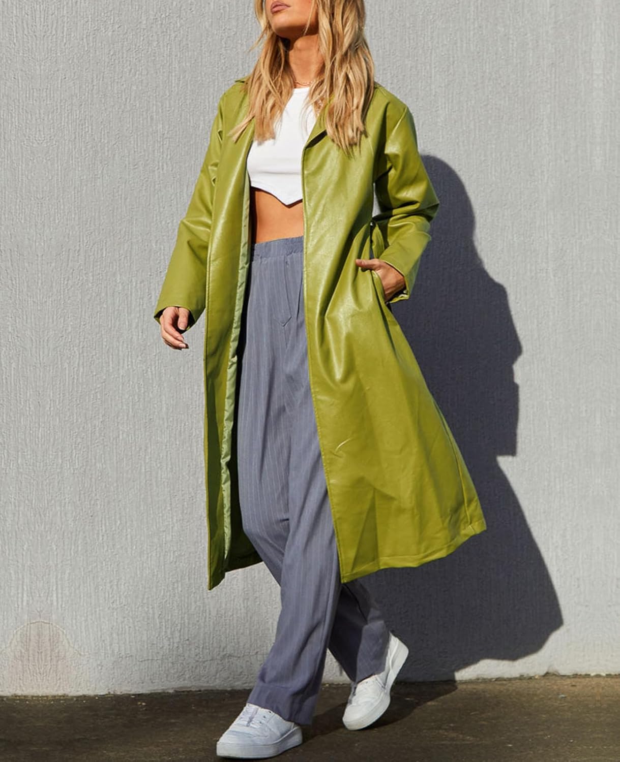 Women's Casual PU Leather Long Jacket Lapel Open Front Trench Coat with Belt - Image 2