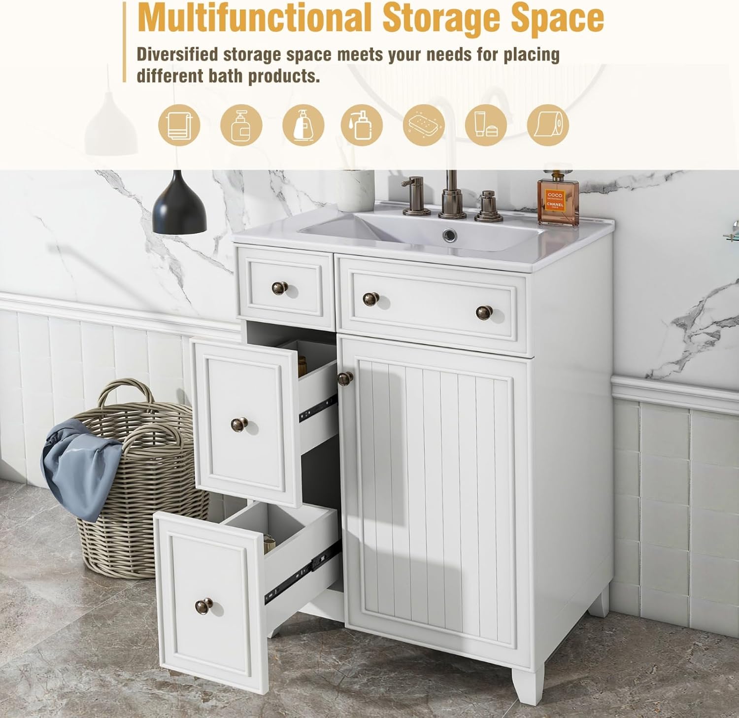 24" Bathroom Vanity with Sink, Small Bathroom Sink Cabinet with 2 Drawers and 1 Soft-Close Door,Single Ample Storage Sink Bathroom Vanity (White, 24")