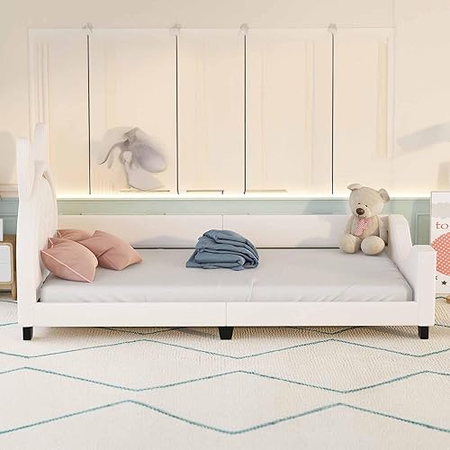Miniatura 6 de Sofá cama con cabecero, cámaras en forma de conejo, marco de cama de madera con plataforma individual para niñas y niños, bonito sofá cama tapizado,