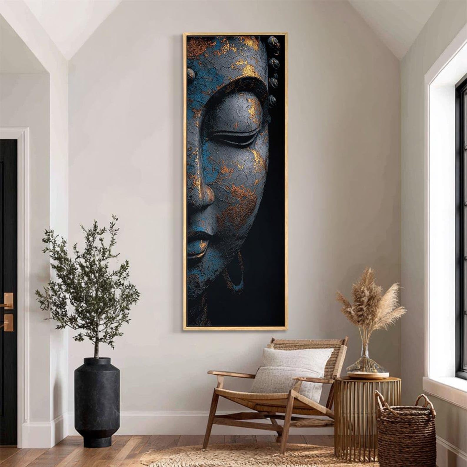 YUSUZHU Stampa verticale di Buddha per ufficio, quadro su tela alto, stretto e scuro con tema buddista per stanza, ufficio, opera d'arte di Buddha allungato (35x105 cm/senza cornice)