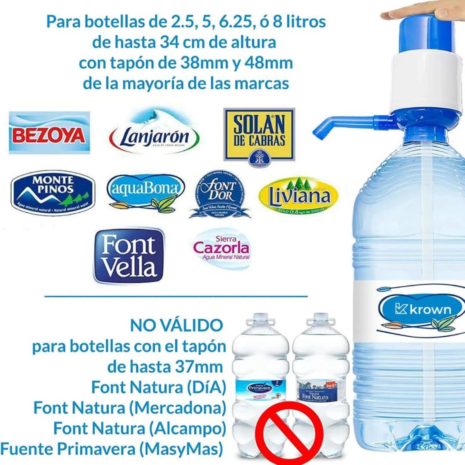 KROWN - Dispensador de Agua Manual para Garrafas, Bomba de Agua Compatible con Botellas de 2.5 a 8 litros, Tapón de 38mm y 48mm (1 Unidad)
