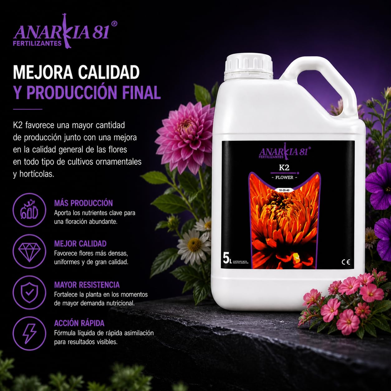K2 5 L – Fertilizante de Floración para Plantas Nutrición Base Alta Concentración PK Acción Rápida Mejora Densidad Peso y Rendimiento en Cultivo Interior y Exterior - Anarkia81