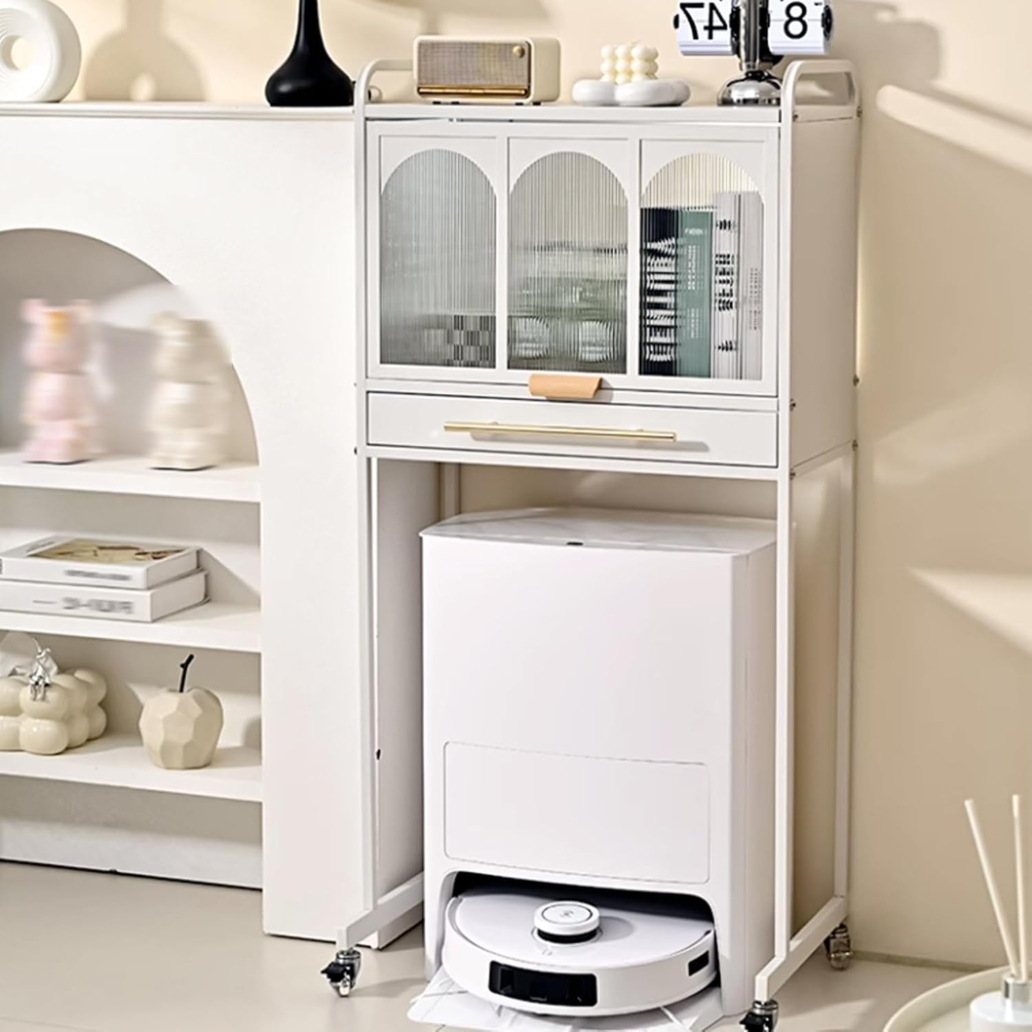 Sweeping Robot Storage Rack, Robot Vacuum Stand Cabinet, Vacuum Hidden Cabinet for Sweeping, Mobile Storage Side with Doors and Drawers, for Living Room, Dining Room, Kitchen, Home