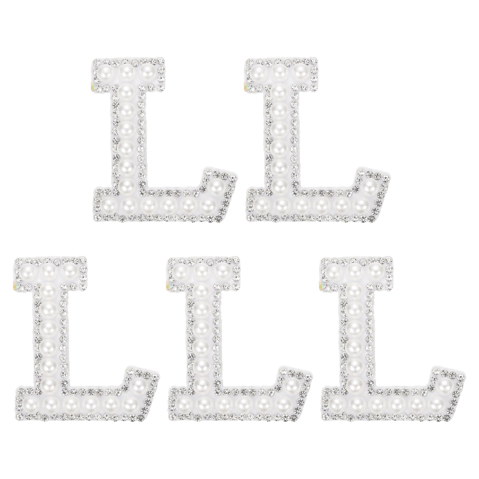 sourcing map 5 Pcs Pearl Letter L Patches, Pearl Rhinestone A-Z Alphabet Sew on Patches, Glitter Letter Applique for Clothes Hats Fabric DIY Backpack, White