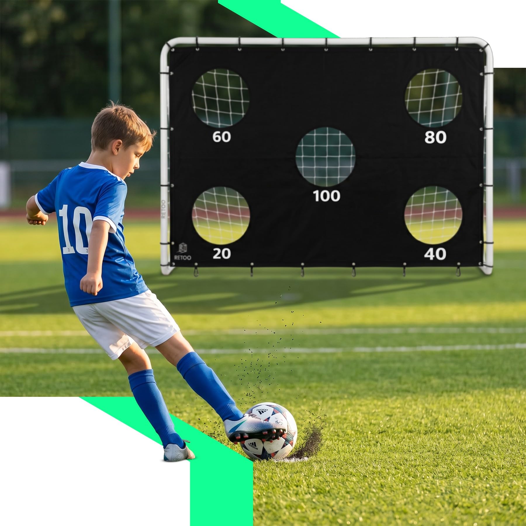 Retoo Fußballtor mit Zielwand, 240x170x85 cm Stahlrahmen, klappbar, PE-Netz | 20/60/80/100 Punkte, Metallheringe, nummerierte Rohre, Spannseile, Kunststoffclips