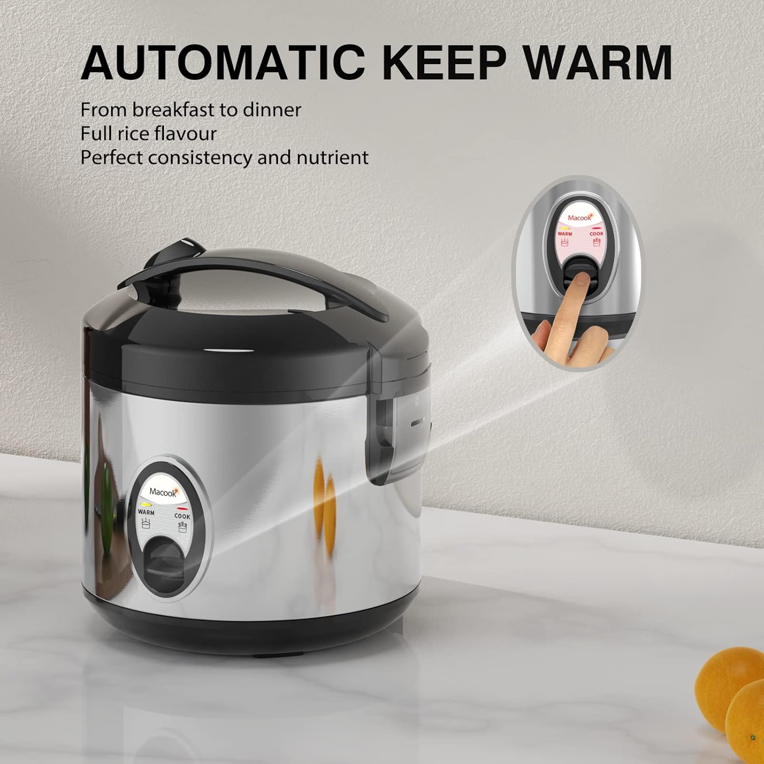 Hand pressing the 'Cook' button on the Macook rice cooker, with 'Warm' and 'Cook' indicators visible.