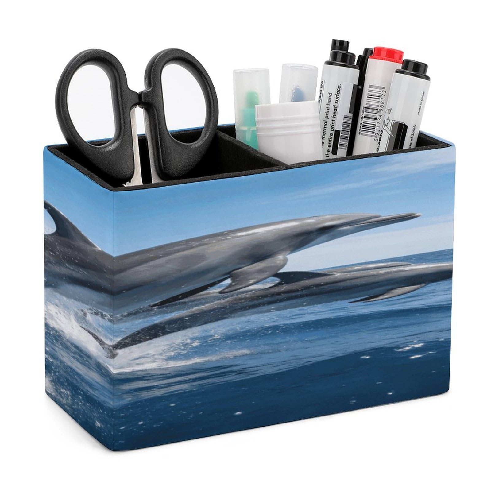 LZQPOEAS Dolphins Pen Holder Double Compartments Pen Cup Makeup Brush Holders Leather Pencil Holder Locker Organizer for Work Locker Accessories Modern Pencil Cup for Desk