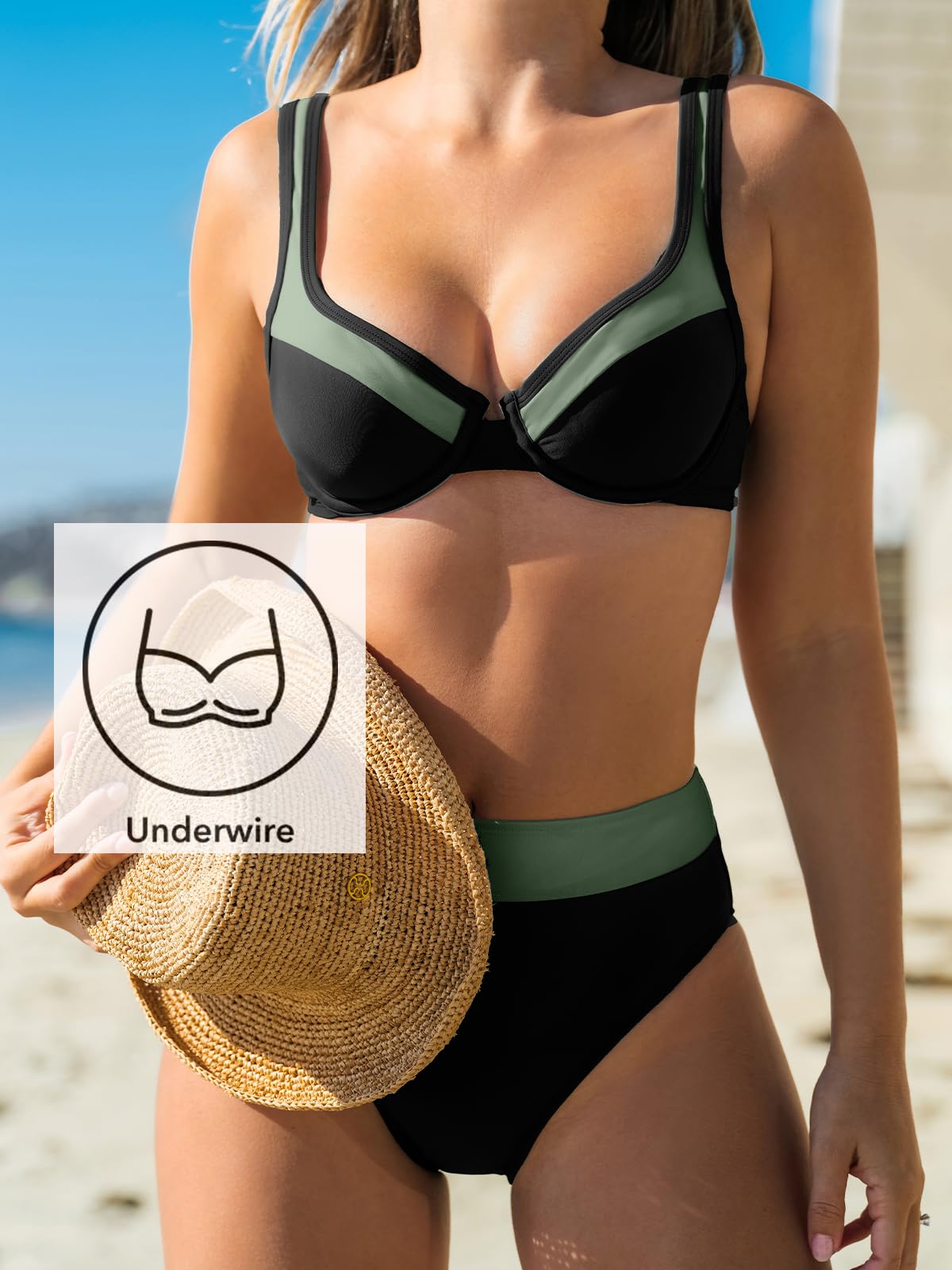 CUPSHE Maillot de bain bikini taille haute avec armatures et bretelles larges réglables avec fermeture à crochet