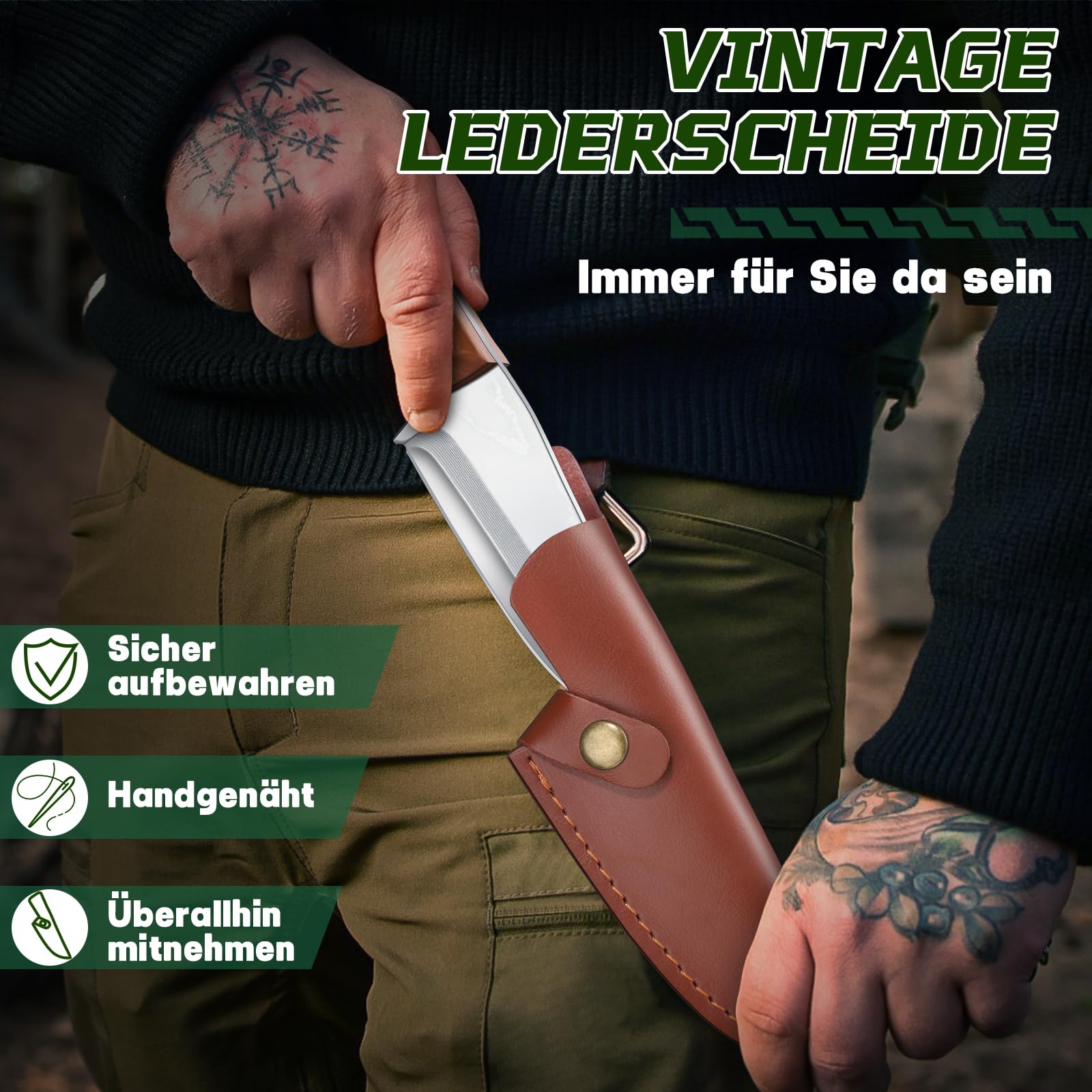 Japaknives Jagdmesser Feststehende Klinge Survival Messer mit Lederscheide Bushcraft Messer Rosenholzgriff Outdoor Messer Jagd Geschenk für Männer
