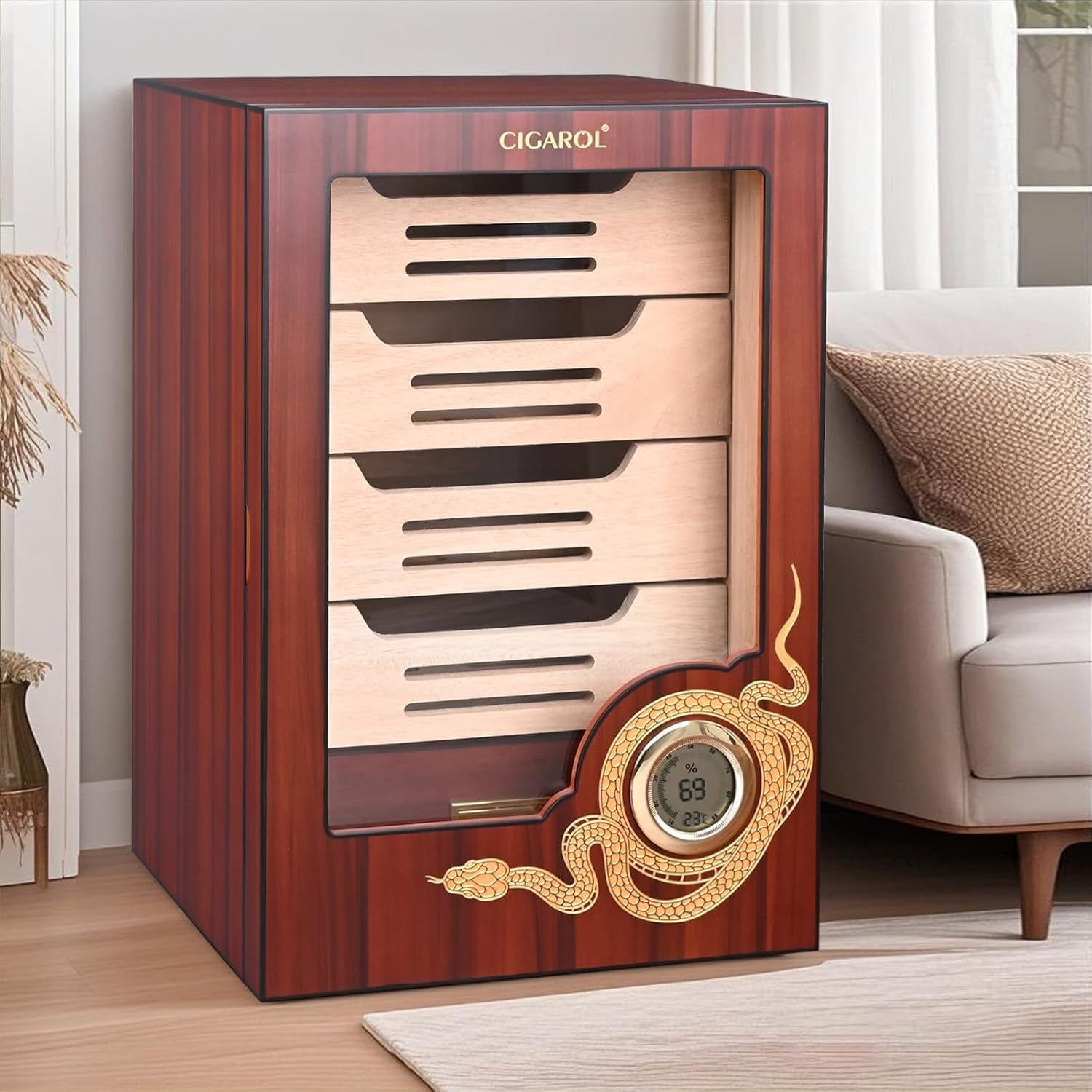 Velonx Humidor Zigarren, Handgefertigter Zedernholz Humidor Schrank für 200 Zigarren with Digital Hygrometer, Humidifier, Mit Glastür, 4+1 Fachböden, für Männer/Väter/Ehemänner