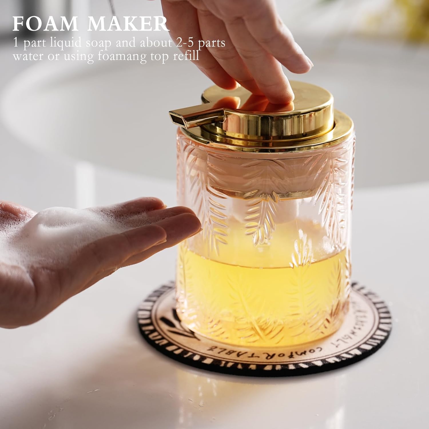 Glass Foam Soap Dispenser for Kitchen & Bathroom - Refillable Lotion Dispenser with Large Gold Pump (Leaf Pattern-Pink) - Image 2