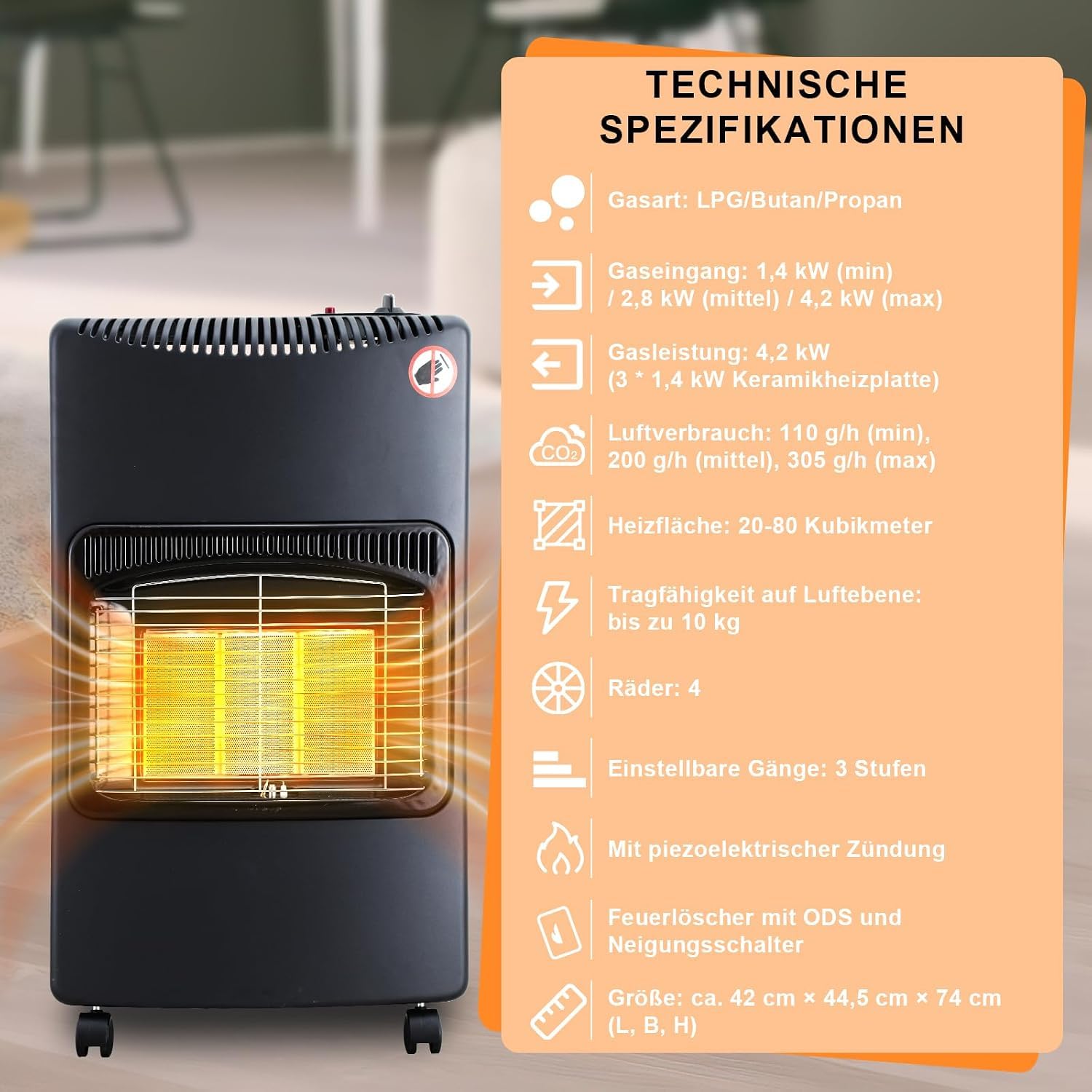 Gasheizofen 4,2 KW Gasheizgerät Faltbar Gasheizer mit Druckregler & Schlauch, inkl. Überhitzungsschutz und Kippschutz, ODS, Piezozünder, 305 g/h Gasverbrauch, Butan oder Propangasflaschen