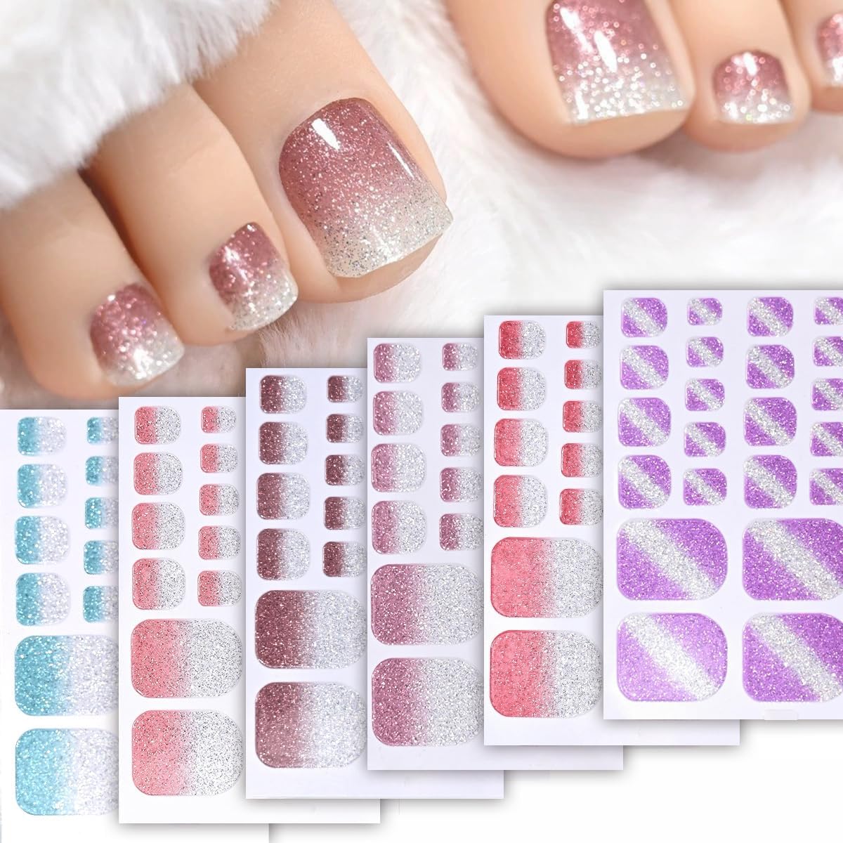 6PCS Toe Nail Stickers Gel Full Nail Wraps Glitter Solid Pink Purple Nail Polish Strips Red Gold Silver Self-Adhesive Toe Nail Decals for Women DIY Manicure Nail Art Decorations