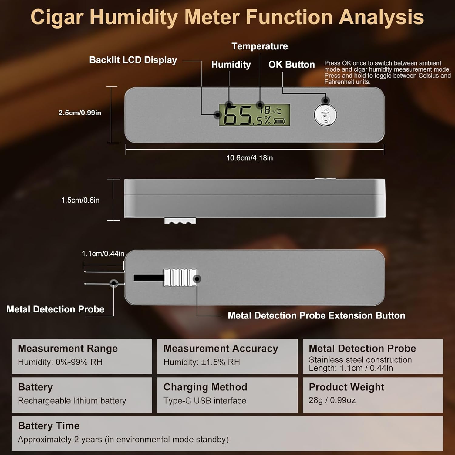 Digital Cigar Hygrometer, Portable Cigar-Specific Temperature and Humidity Monitor Features Dual-Sensor Dual-Mode Measurement with LCD Display Suitable for Cigar Humidor Hygrometers