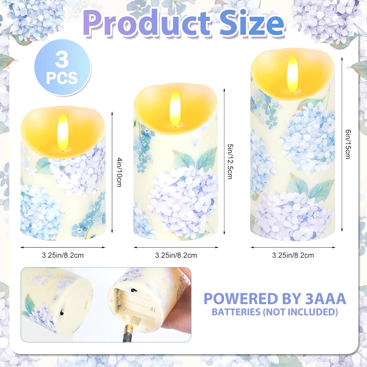 3 Pcs Hydrangea Flameless Candles Wedding Table Centerpiece Chinoiserie Candles Hydrangea Floral Printed Faux Candles with Remote Timer for Wedding Easter Home Holiday Table Decor