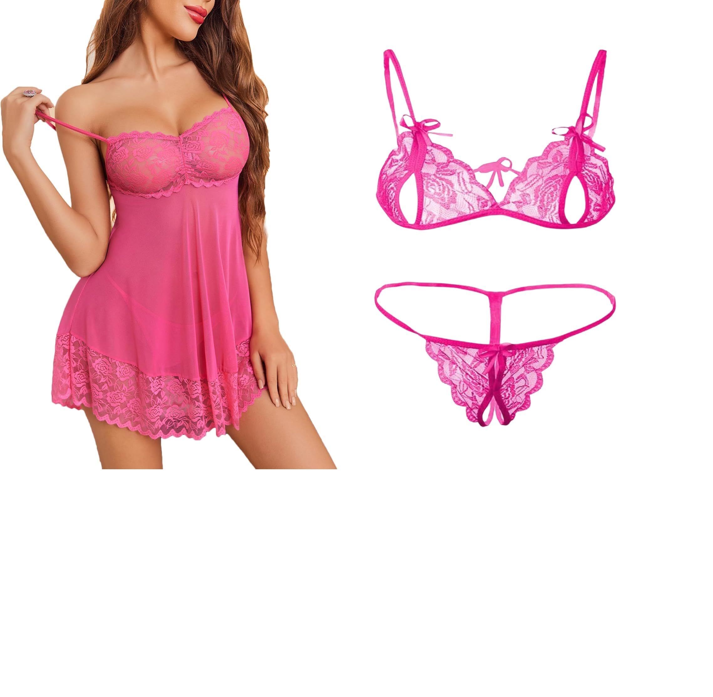 Lace Babydoll Lingerie Sexy Mini Chemise Mesh Wedding Nightie Bridal Nightdress with Bikini