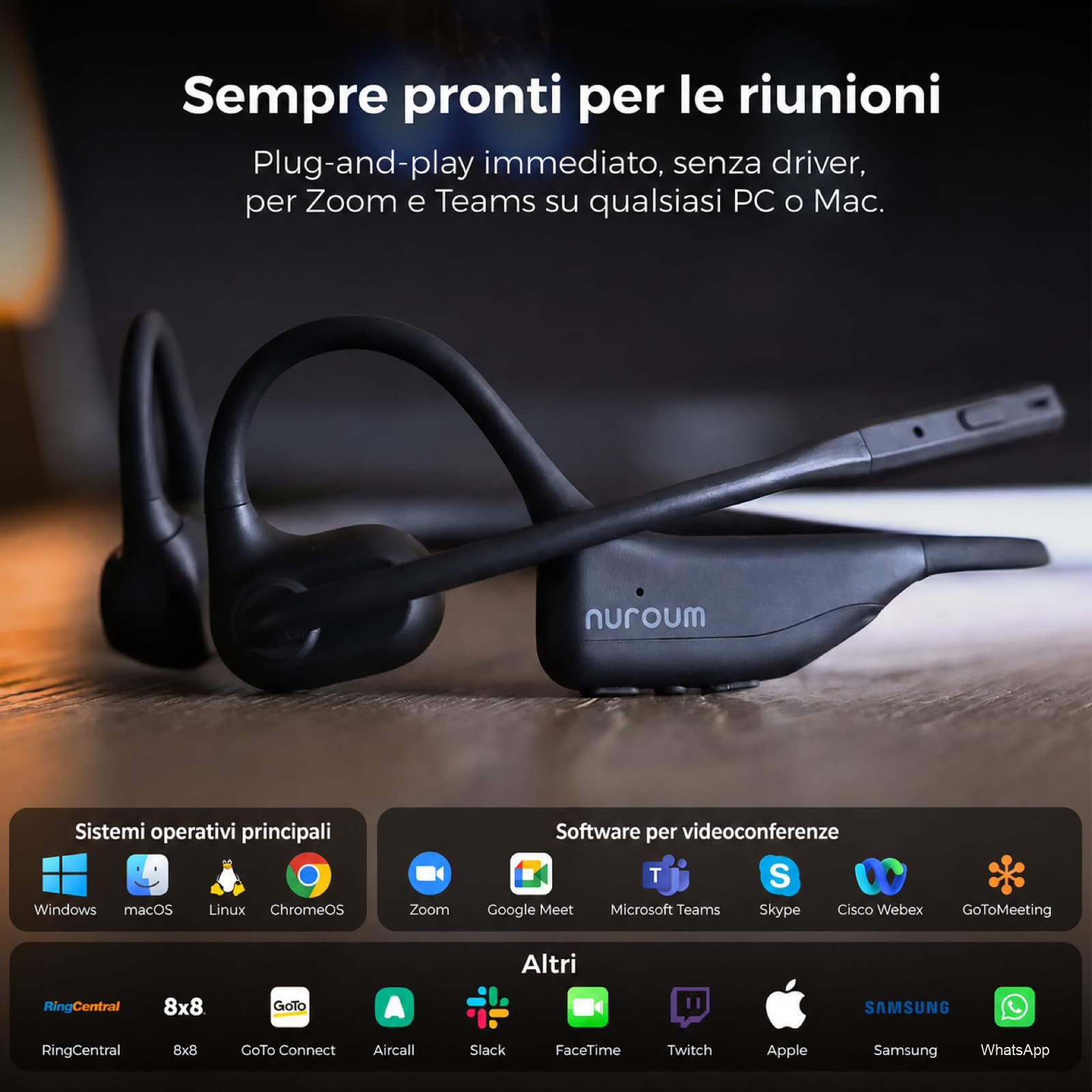 Nuroum OpenEar Pro 2 Cuffie Bluetooth 5.4 con Microfono, Cancellazione del Rumore ENC/Funzione Silenziosa/Connessione Multipoint/15 Ore Durata, Cuffie Wireless per Ufficio/Casa/Chiamate/Guidare, Nero
