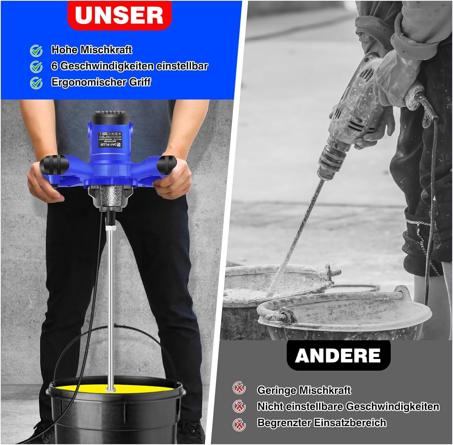 Mezclador de cemento de 3000 W, agitador eléctrico para mortero y pintura, 6 velocidades continuas, ideal para mezclar piensos, yeso, pintura, cemento, mortero y más
