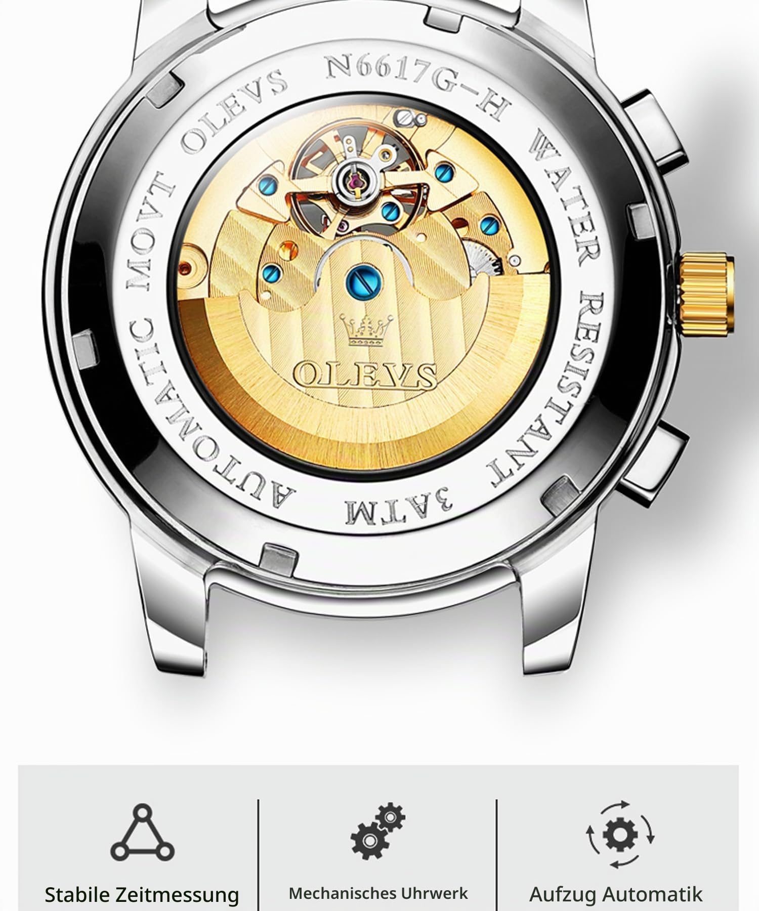 OLEVS Paar Uhren Set mit automatischem mechanischen automatischen Aufzug für Herren Damen Uhren Leuchtend Wasserdicht Edelstahl High-End Casual Business Uhr, 6617-6602, goldfarbenes grünes Armband,