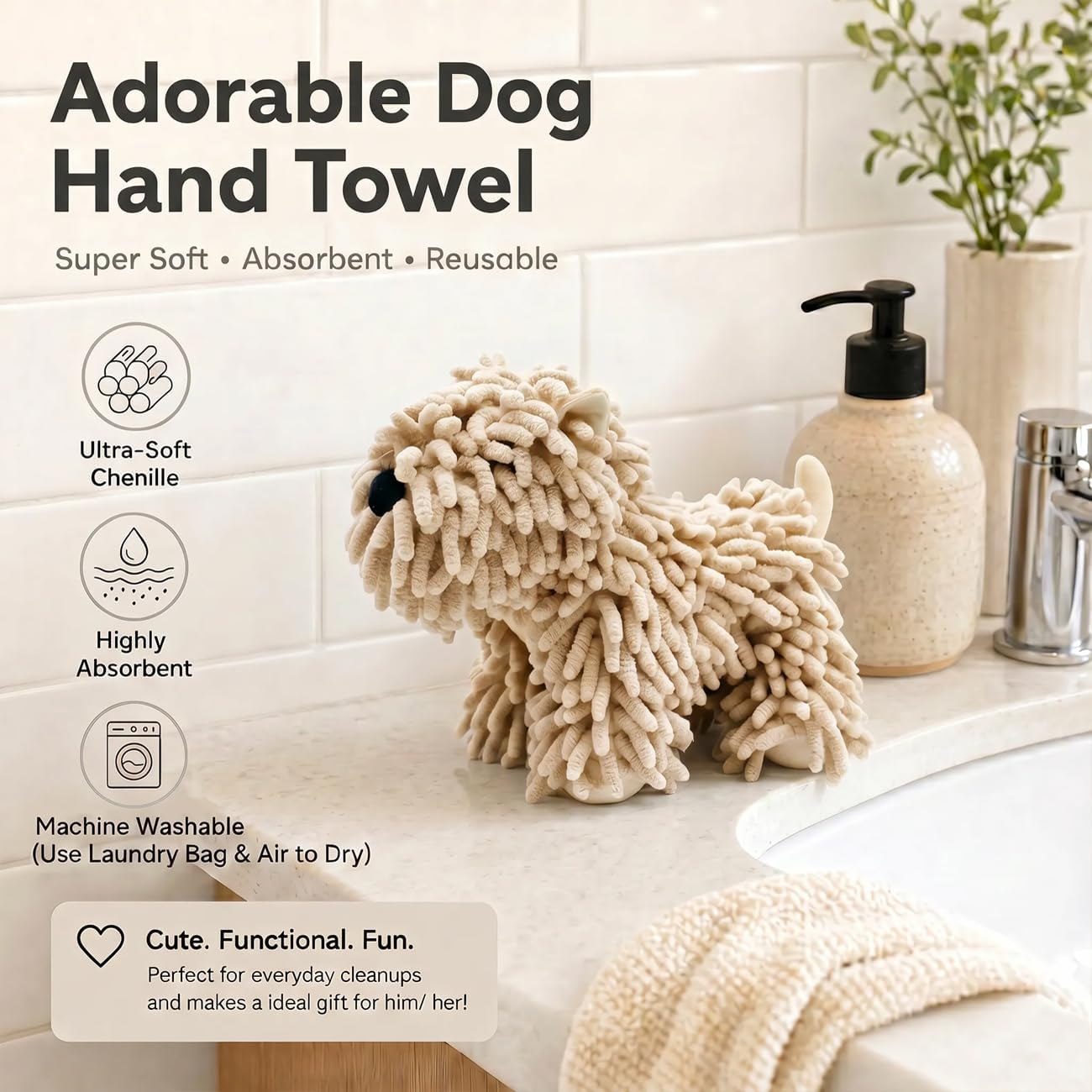 Chenille Dog Hand Towel Fuzzy Ball Dog Towel Animal Hand Towels | Super Soft Microfiber Absorbent, Cute Puppy Hand Towels, Hangable 3D Dog Towel with Hanging Loop for Bathroom, Kitchen, Brown