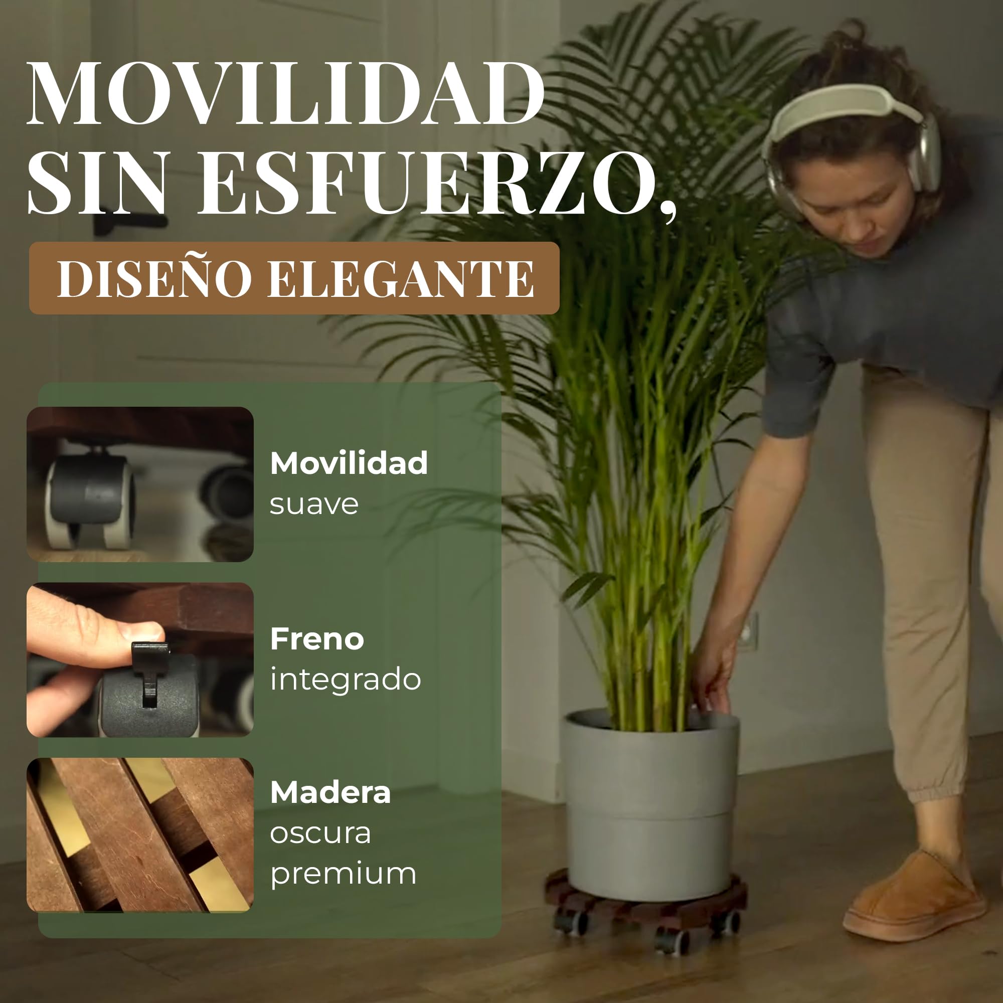 Set 2 uds Base con Ruedas para Macetas Ø 30 cm – Listones de Madera de Aliso FSC 15,5 mm de Espesor, hasta 100 kg, Ruedas 360° Silenciosas con Freno, Interior/Exterior, Resistente a UV y Humedad