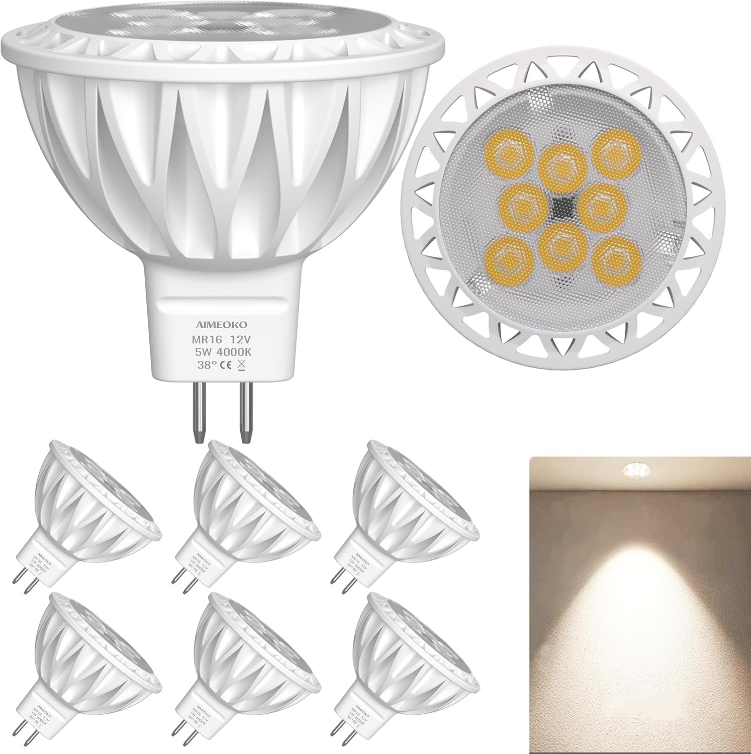 AIMEOKO GU5.3 LED 6 Stück Neutralweiß 4000K, 5W (50W Halogen Äquivalent) MR16 Sockel 12V Strahler nicht dimmbar 38 Grad für Landschaft Vertiefung Spur Beleuchtung Decke Innen Außen