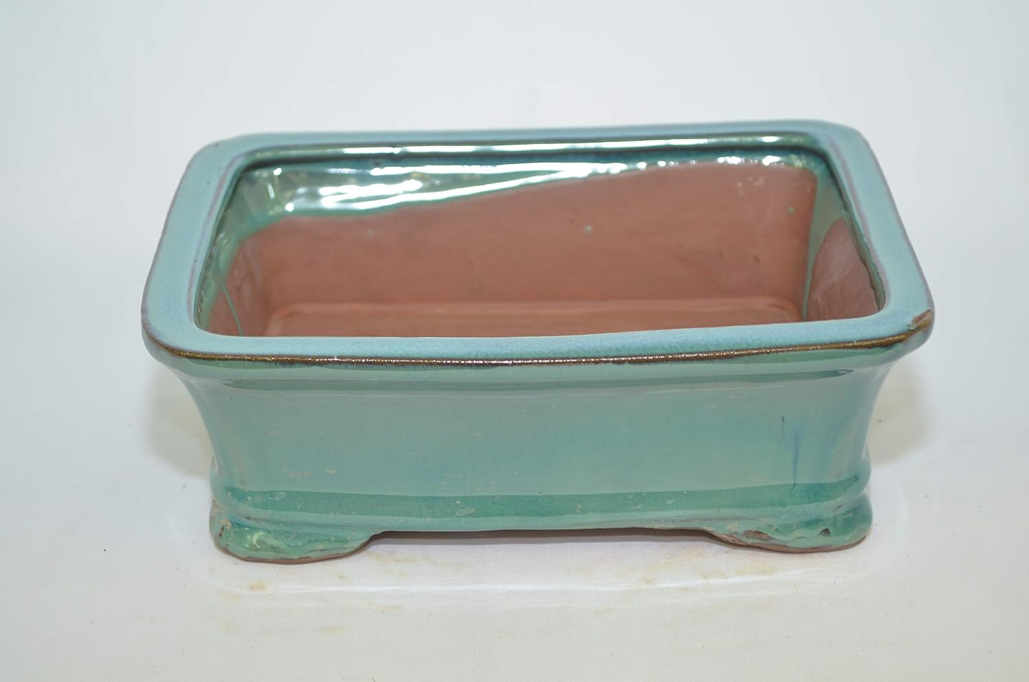 Bonsai Ceramic Pot 8", Green Color, Glazed with draining Holes