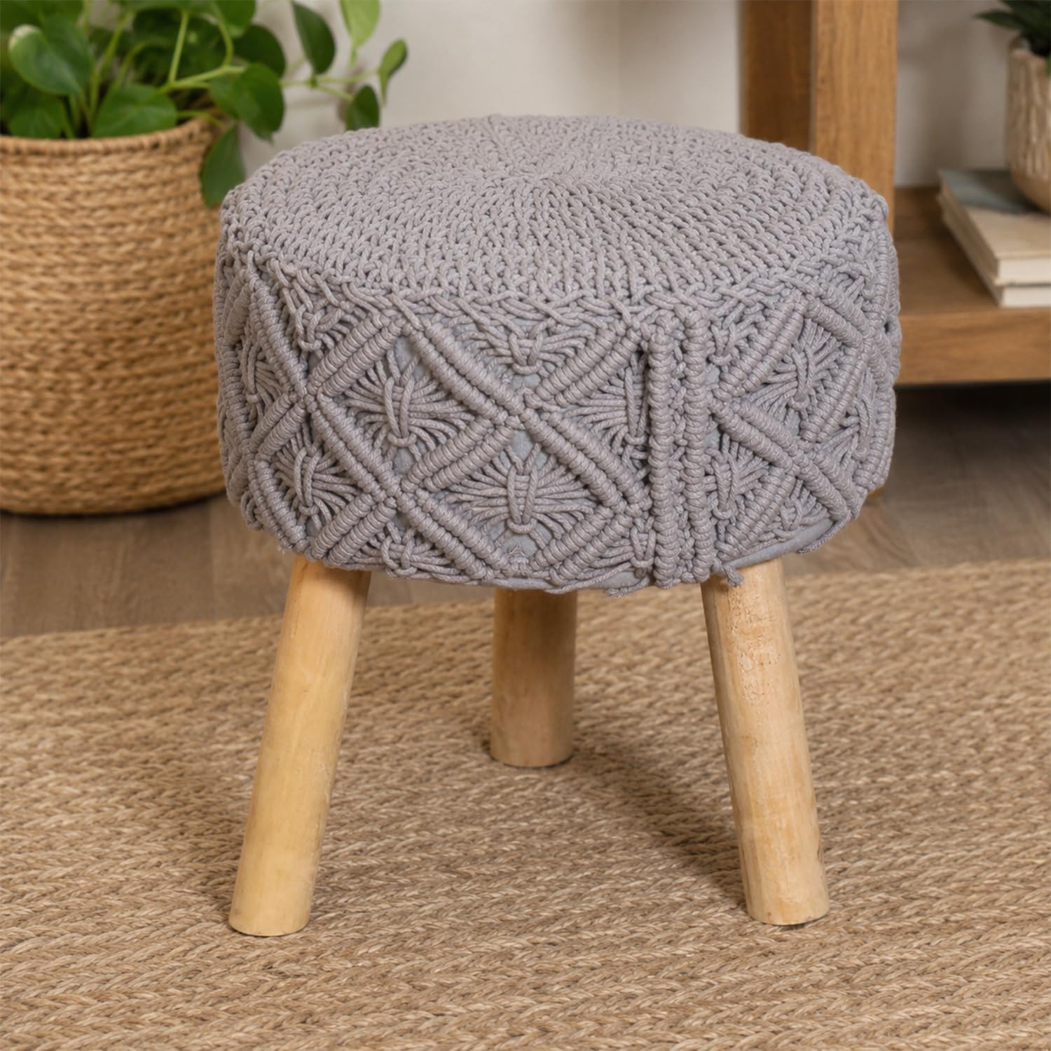 Kaahira Set of 2 Macrame Ottoman | 16x16x16 Inch Cotton Rope Boho Pouffe with Wooden Legs | Round Footrest Seating for Living Room, Bedroom, Balcony & Dressing Area (Design 3)-image-2