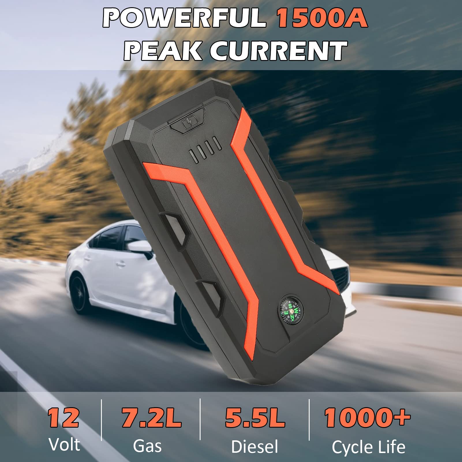 Démarreur de Voiture Portable, 12 V 1500 A Courant de Crête 12 000 MAh Booster de Batterie de Voiture (jusqu'à 7,2 L de Gaz ou 5,5 L de Moteur) avec Boussole LED et Port de