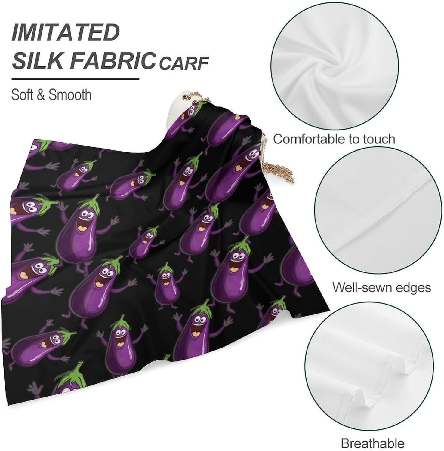 Funny Eggplant Womens Silk Like Scarf Printed Bandanas image 5